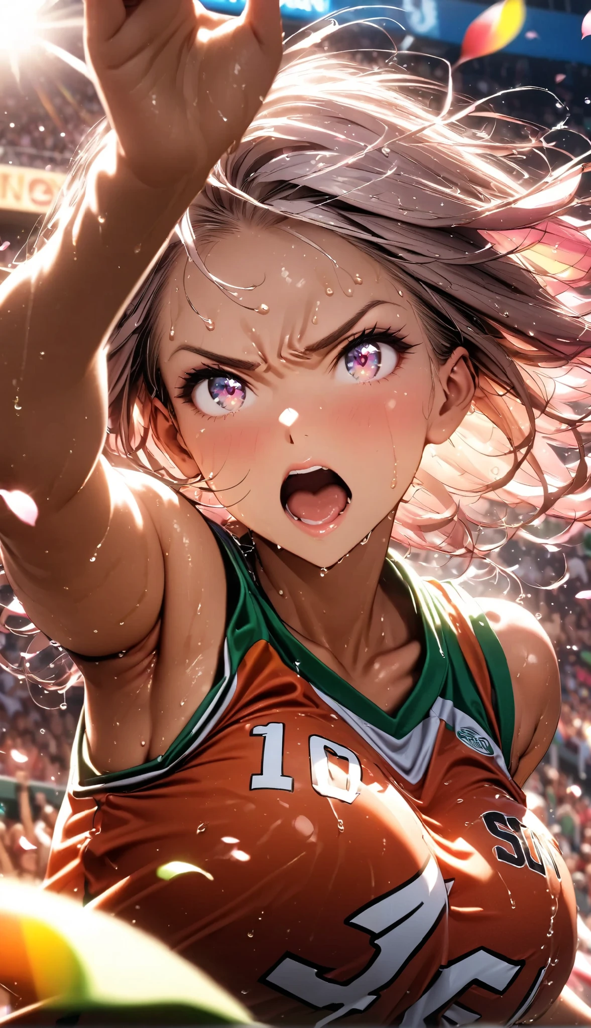 (Sports magazine cover photo), Highest quality, Great quality, 16K, Unbelievably absurd, Very detailed, delicate and dynamic, Natural light, The particles reflect light, Diffuse reflection of light, Many rainbow-colored petals fall, Beautiful street, Sparkling Sun, Diffuse reflection of light, Create amazing image effects, , Wet, sweating, Basketball Game, receive, Close-up(Cute sexy girl, big bouncing busts, Sensual expression, Cool girl, Serious, passion, Dynamic, Flashy Basketball uniform, ,audience , much-air-laden cheer)