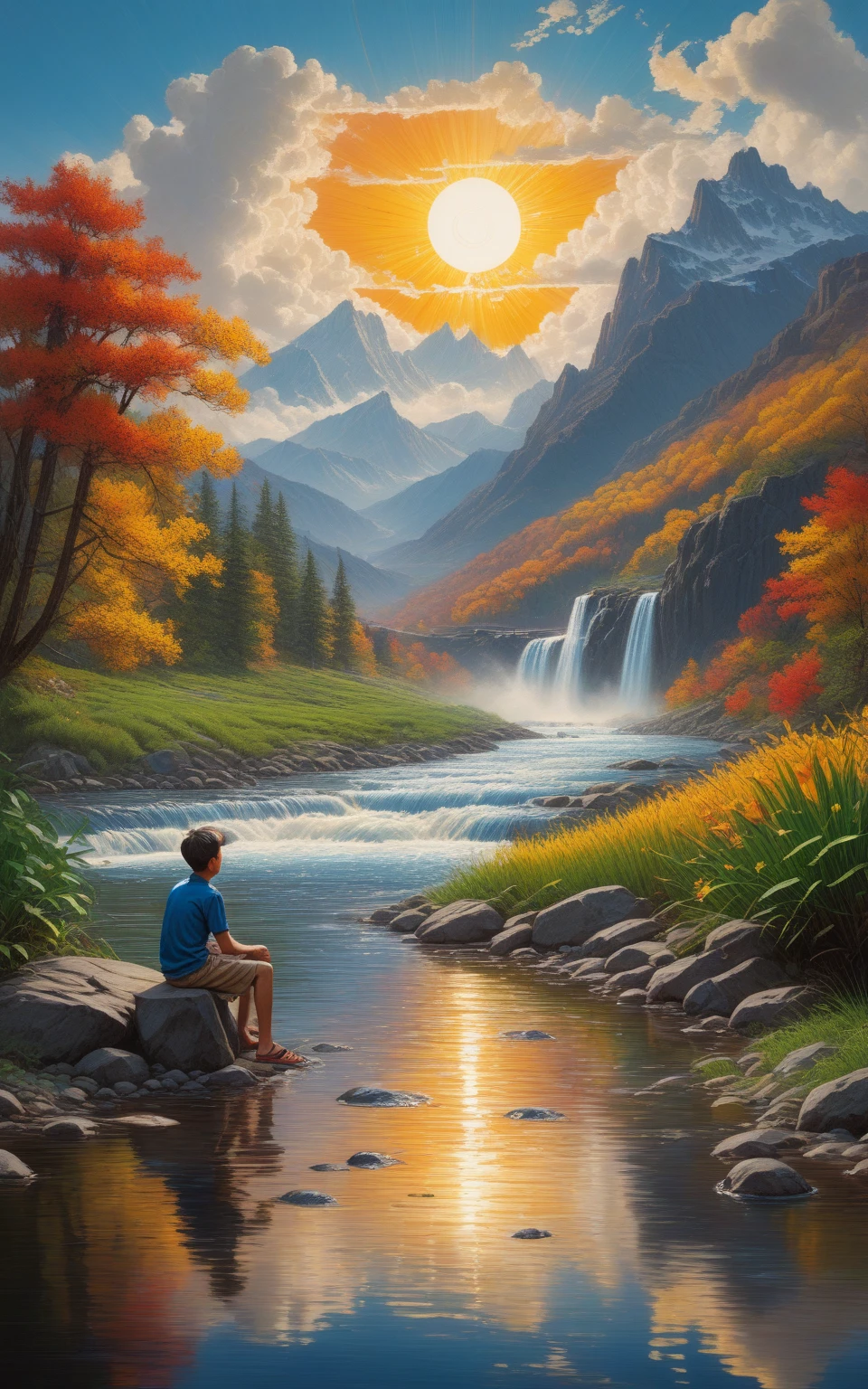 Prompt: ((full body)), In leng jun and norman rockwell art style, hd, 8k resolution, fullbody, 16k resolution, hd, view from behind, 1 BOY is sitting by the river watching the sun rice in the background, river, mountains, sun, clouds He is wearing flip flop sandals, dramatic, pacefull scene high quality masterful still-life painting, oil painting, vibrant rich colors, atmospheric perspective, depth, illustration, intricate details, ultra high resolution, sharp details, sharp focus, 8k resolution Miki Asai Macro photography, fullbody, hyper detailed, trending on artstation, sharp focus, studio photo, intricate details, highly detailed, by greg rutkowski ,GO_pokemon, high quality masterful still-life painting, oil painting, vibrant rich colors, atmospheric perspective, depth, illustration, intricate details, ultra high resolution, sharp details, sharp focus, 8k resolution Miki Asai Macro photography, fullbody, hyper detailed, trending on artstation, sharp focus, studio photo, intricate details, highly detailed, by greg rutkowski ,GO_pokemon,
