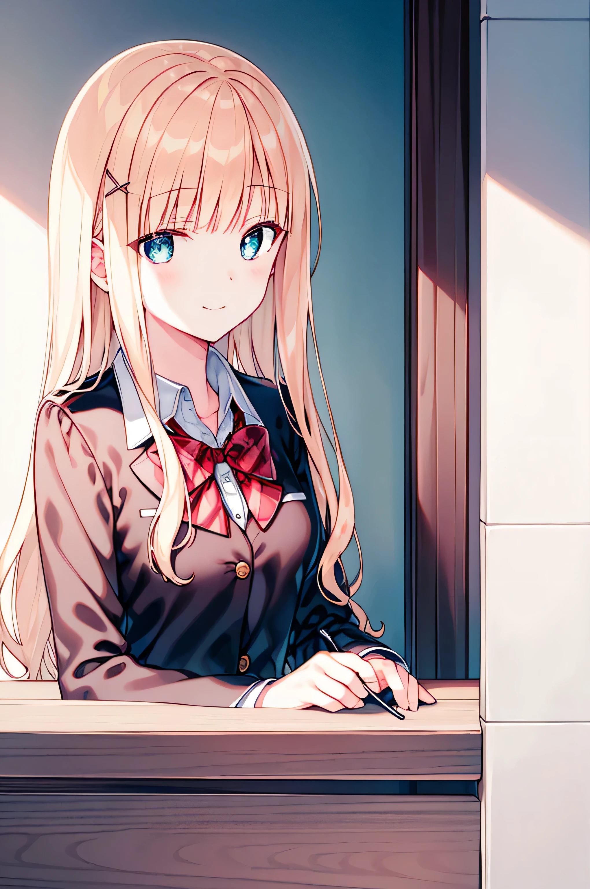 Masterpiece of detail, top quality, 1 girl, solo, 25 years old, 140cm, flat, tiny tits, silky textured hair, medium length, braids, two color mesh, realistic eyes, great looks , neat, up close, closed_mouth, smile, blush, shy, matching hat, hat, pink bow tie, , blue jacket, jacket, skirt, gray pleated skirt, cutter shirt, white shirt, legs, black socks, sitting, office, hair_ornament, looking_at_viewer, beautiful detailed eyes, mesmerizing gesture, seduction, professional effects, inviting, natural princess, receptionist, corporate building