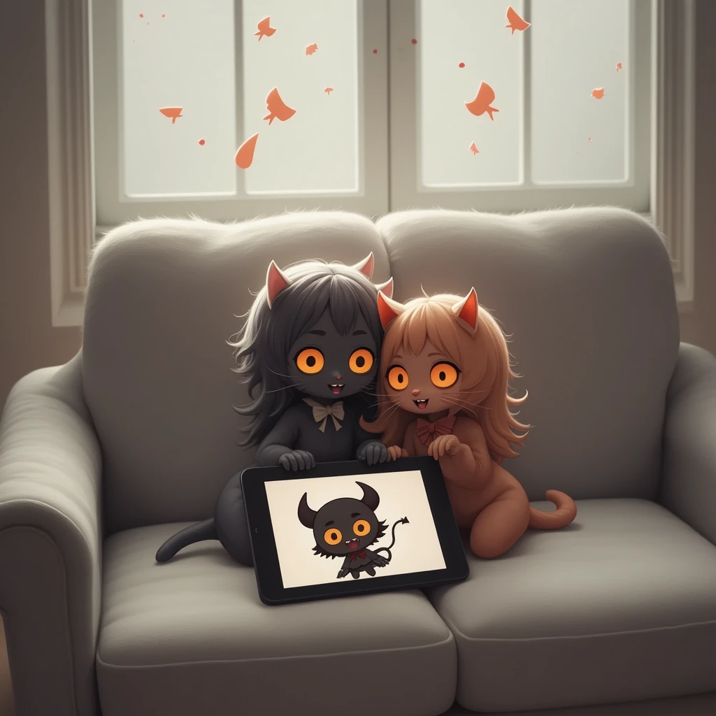 Two cute cats are snuggled up on a fluffy sofa and looking at a tablet screen, There's a chibi devil evil smiling on the tablet screen, the soft, gentle light of indirect lighting, illustration art, ultra detailed, absolutely resolution, masterpiece