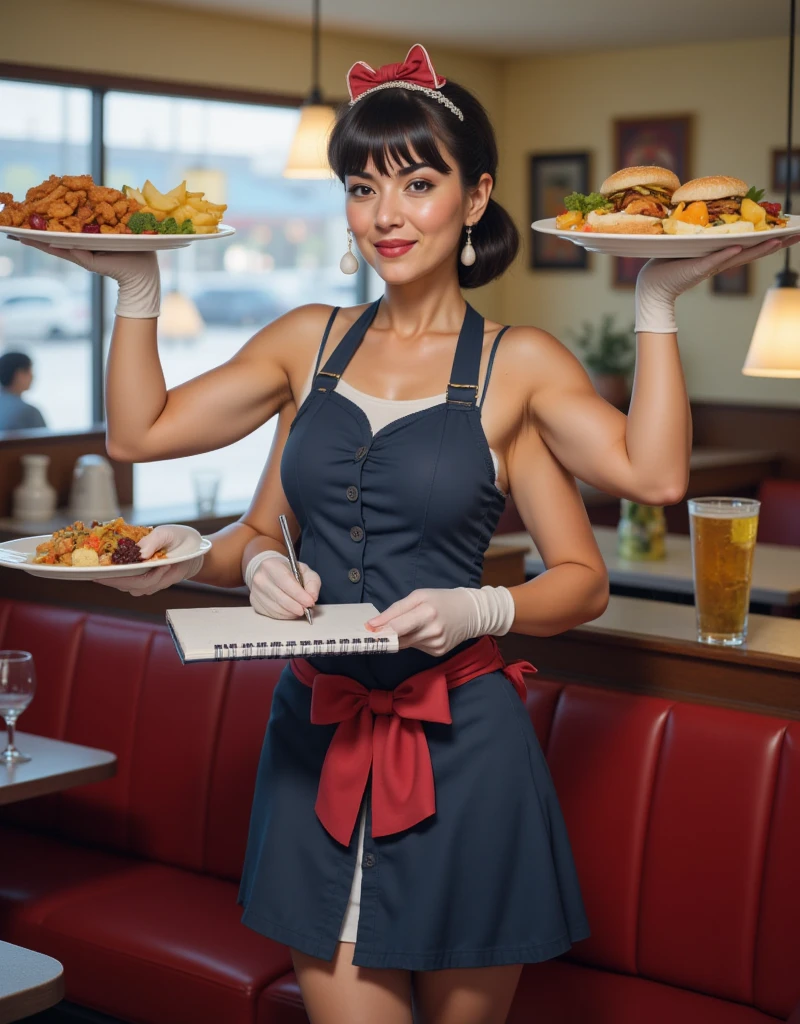 dslr photo, photograph, nikon, solo, 1girl, pretty mature mexican woman, a four-armed mexican waitress woman is serving a table in a diner, (beautiful mexican woman), (zoomed out), the four-armed waitress woman is holding plates of food in her upper hands and writing in a notepad with her lower hands taking food orders, her outfit is sleeveless and has room for her four shoulders and her long hair is tied into a ponytail, bangs, (wide shoulders), (woman with four arms), (four arms), (four shoulders), indoors, (two legs),