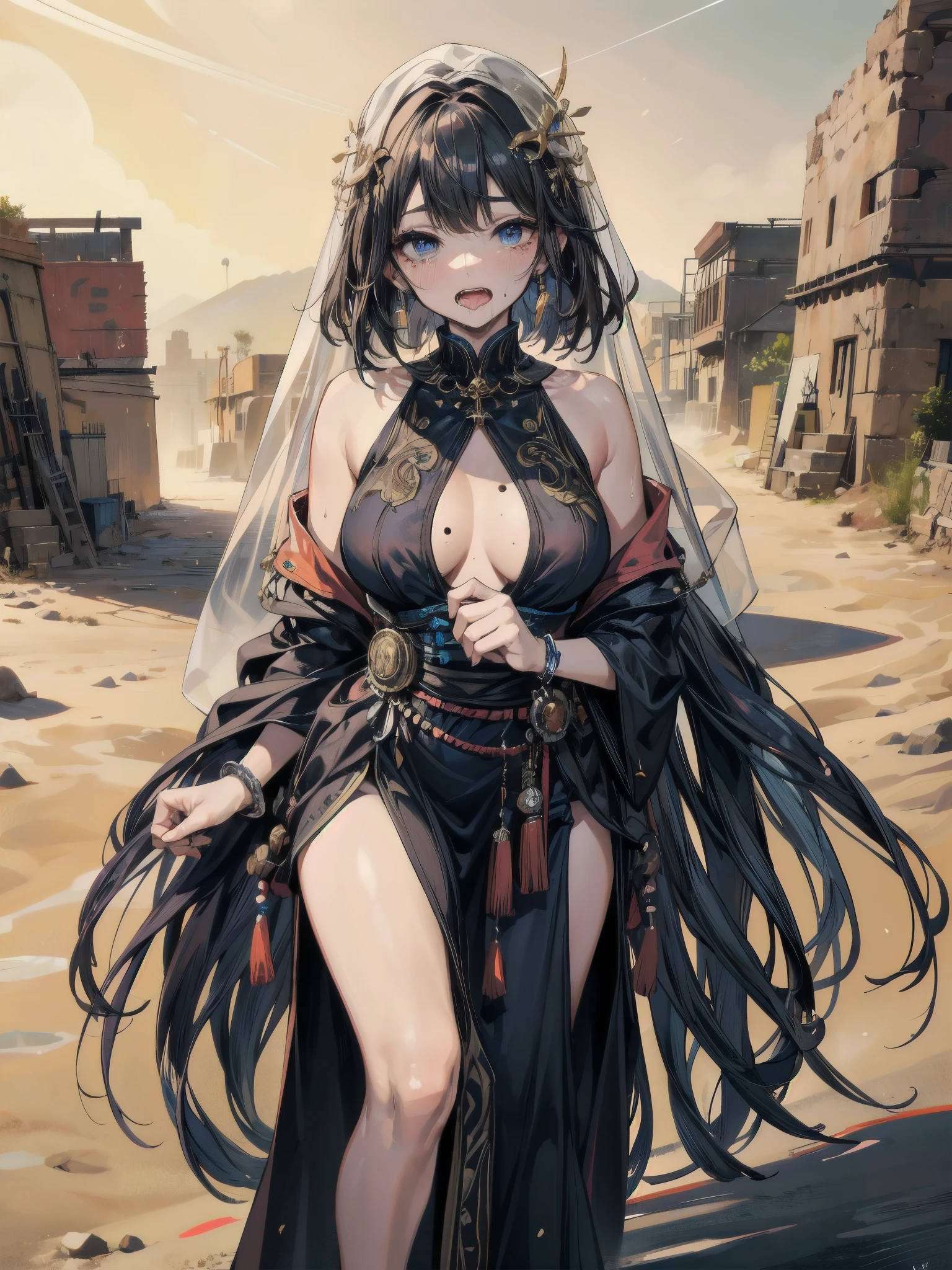 Desert ruins, mutated, mummy, female creature, wrapped in bandages,