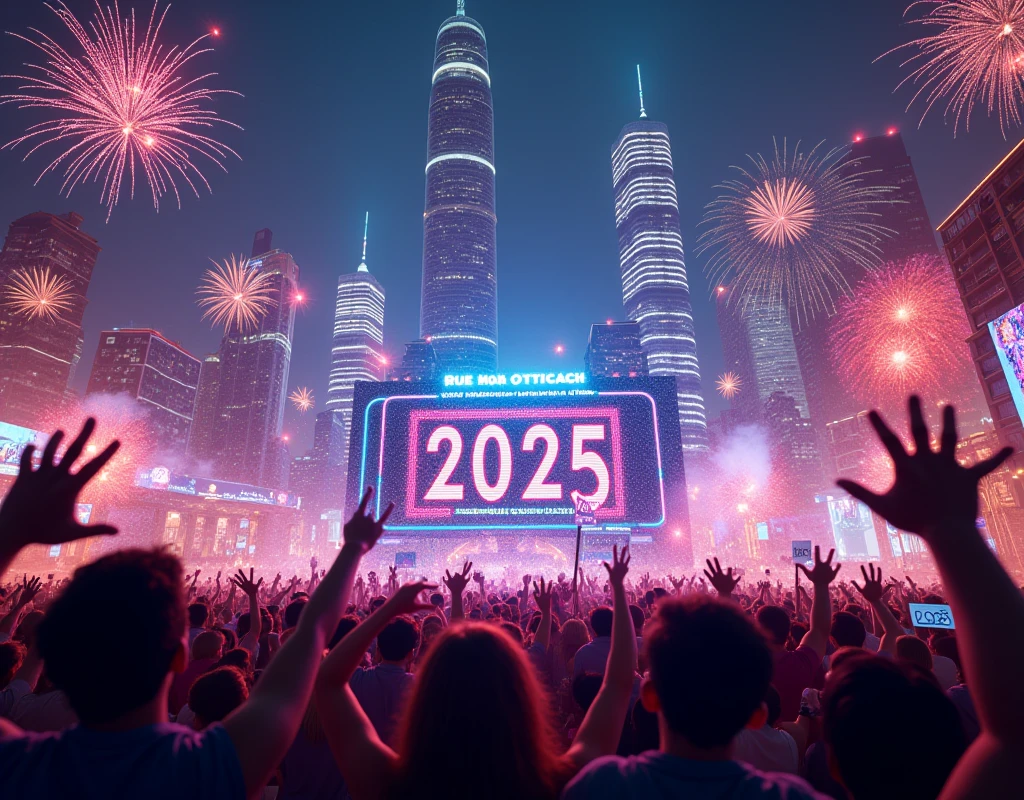 A symbol of a the text word "Welcome 2025" on divinity guardian of the galaxies in a giant structure like a galactic gateway with steps, cheering alien people in a crowded holding wine glass, vibrant multi-colored, H. R. Geiger style, Cyberpunk, Steampunk, Mix-punk, High definition, Photo realistic, specified, Space Art