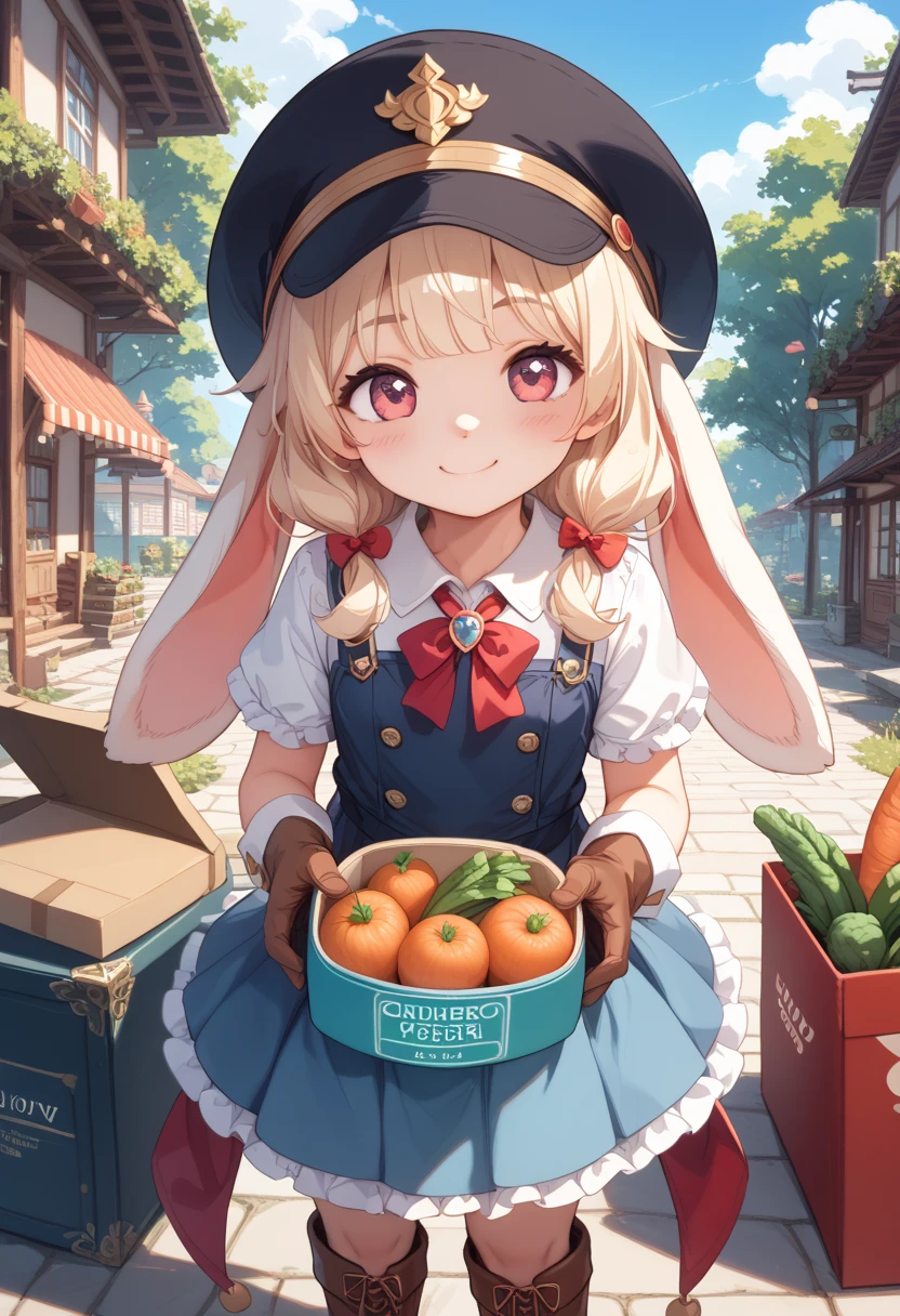 score_9、score_8_ up、score_7_ up、masterpiece、 top quality 、１ cute girl、Bouncy low twin、hot bangs 、Work Clothes with Fur  、hat、gloves、 boots、 miniature rabbit delivery man is delivering vegetable boxes 、 happy smile、 complete box 、Puzzle box 、 heaps of sparkling vegetable boxes 、 high res