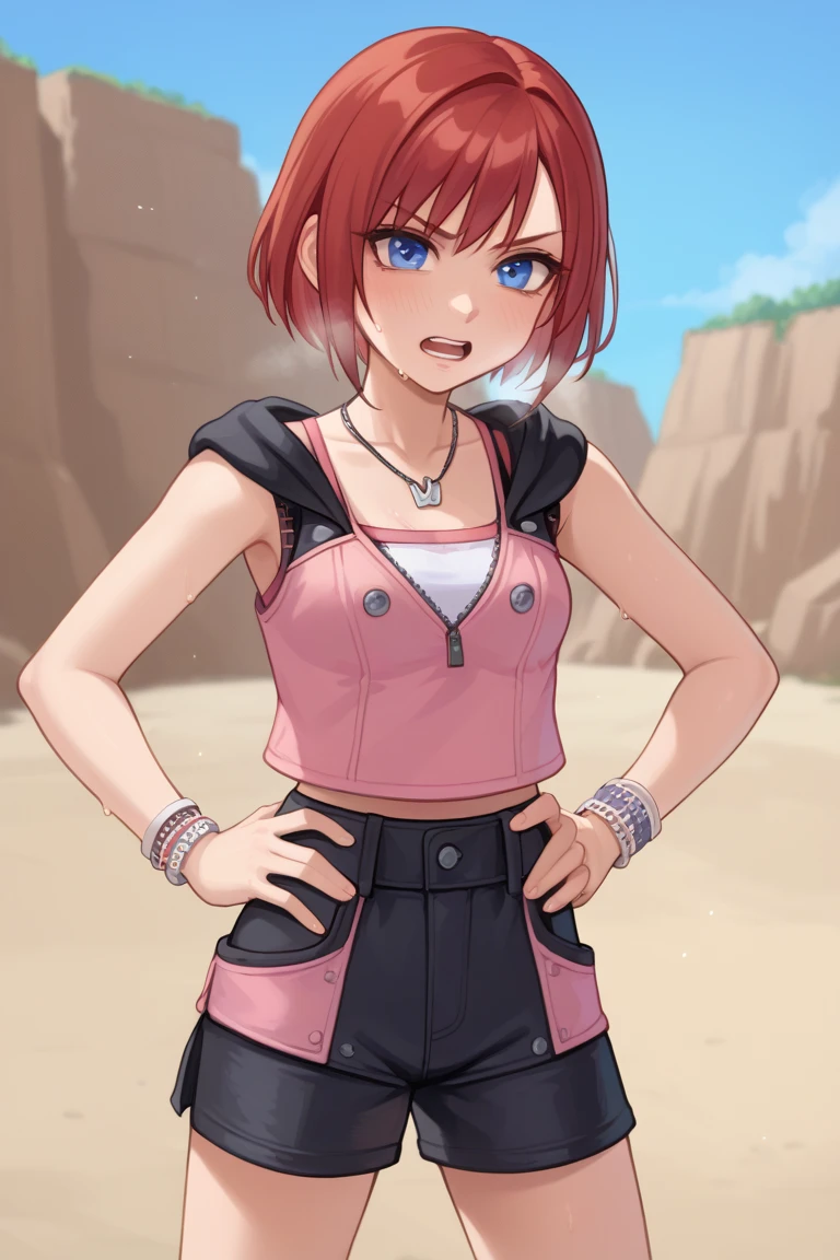 score_9, score_8_up, source_anime, highly detailed, 1girl, solo,
kairi, 1girl, solo, blue eyes, jewelry, boots, necklace, short hair, red hair, pink tanktop, black short shorts, half body,
outdoor, hands on hips, out of breath, sweaty, frustrated expression,  open mouth, hand over mouth