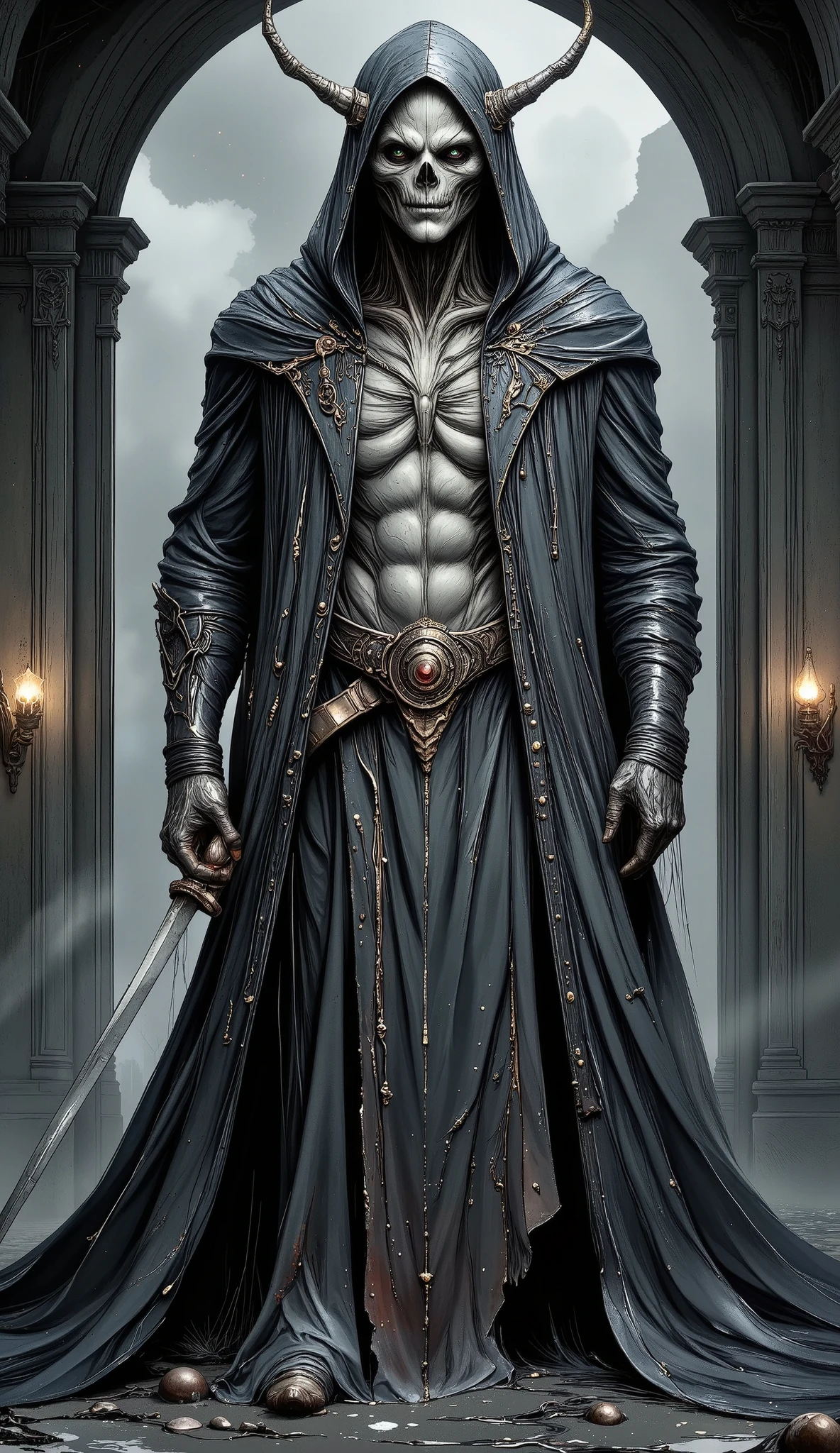 Grand general plan full body ,  of a person with a horned head and a sword., al estilo del dark fantasy art, dark fantasy art, Dark Cloak Necromancer, Hermoso dios de la muerte masculino, dark priest , Dark Hooded Spectre, hidden cyberpunk, Dark art style,  highly detailed dark art ,  dark fantasy illustration ,  Bloodborne art , chiaroscuro, Cinematic Lighting, dithering, UHD, Retina, masterpiece, Accurate, anatomically correct, textured skin, Super detail, high details, high quality,  award winning , best quality, highres, 1080P, HD, 16K