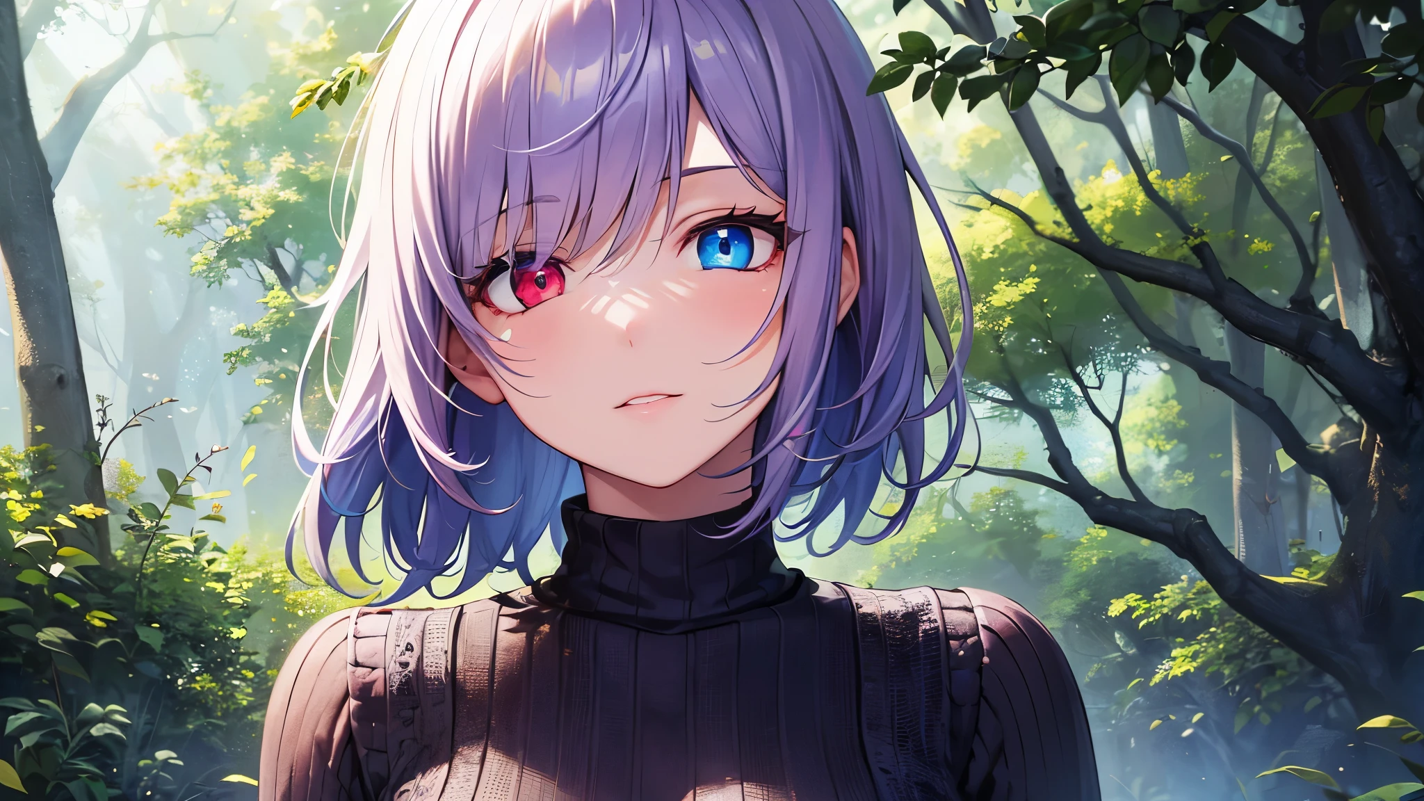 Anime girl with purple hair and blue eyes in a forest - SeaArt AI