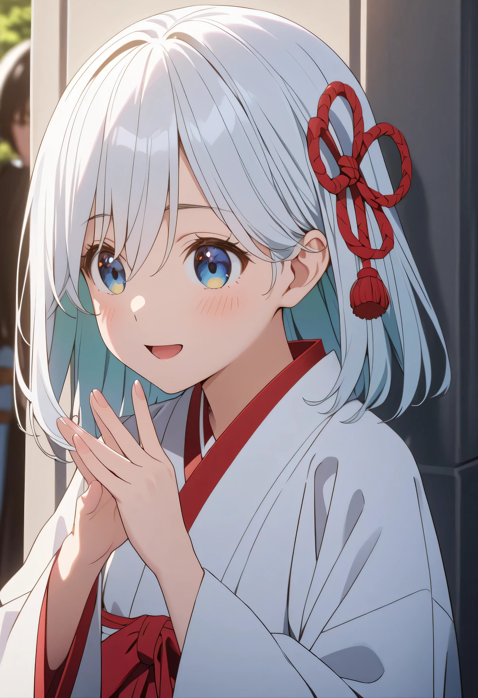 ((ultra-detailed)),   (highly detailed CG illustration),  (best quality:1.2),  ultra-highly detailed,  colorful composition, artistic photoshoot, score_9, score_8_up, 1girl, solo focus, amagamiasahi, blue eyes, white hair, red ribbon, hair ribbon, medium hair,
japanese clothes, miko, hakama skirt, red hakama, white kimono, wide sleeves,
surprised, embarrassed, ((upper body out from the shadow of the pillar and watching:1.2)), portrait, depth of field, soft lighting, sidelighting, (shine), lighting, caustics, ray tracing, bashful, perfect face, lustrous skin, highly  detailed face, highly detailed eyes, perfect face, perfect nose, perfect hair, perfect eyes, perfect anatomy, beautiful hair, beautiful small face, extremely detailed face, beautiful detailed eyes, beautiful clavicle, beautiful body, beautiful small breasts, beautiful thin thighs,  beautiful legs, beautiful fingers, 4 fingers, 1 thumb, lovely, (very detailed background:1.0), (highly detailed background:1.0), winter aesthetic, intricate details, excited atmosphere, winter colors palette, chromatic aberration