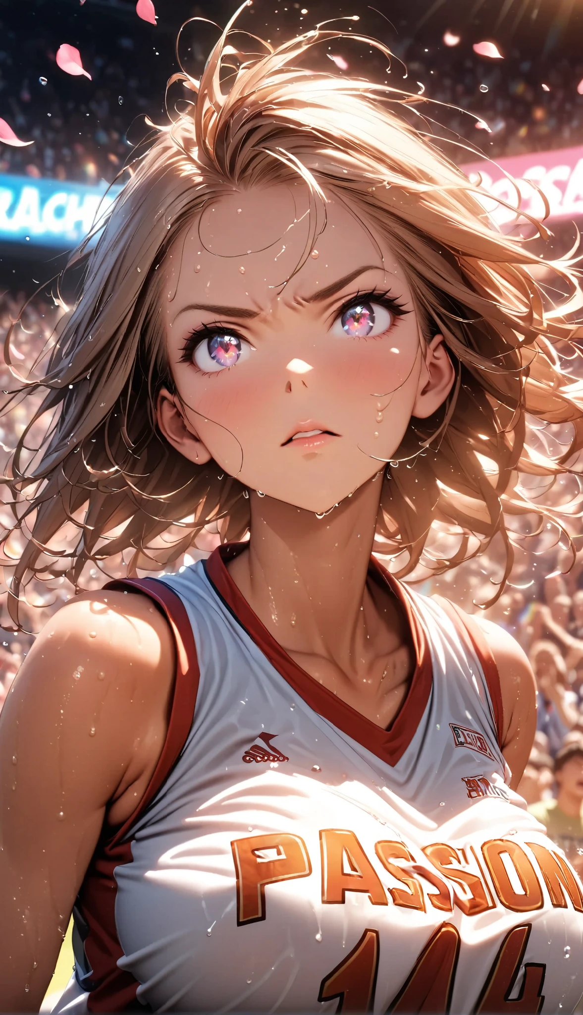 (Sports magazine cover photo), Highest quality, Great quality, 16K, Unbelievably absurd, Very detailed, delicate and dynamic, Natural light, The particles reflect light, Diffuse reflection of light, Many rainbow-colored petals fall, Beautiful street, Sparkling Sun, Diffuse reflection of light, Create amazing image effects, , Wet, sweating, Basketball Game, receive, Close-up(Cute sexy girl, big bouncing busts, Sensual expression, Cool girl, Serious, passion, Dynamic, Flashy Basketball uniform, ,audience , much-air-laden cheer)
