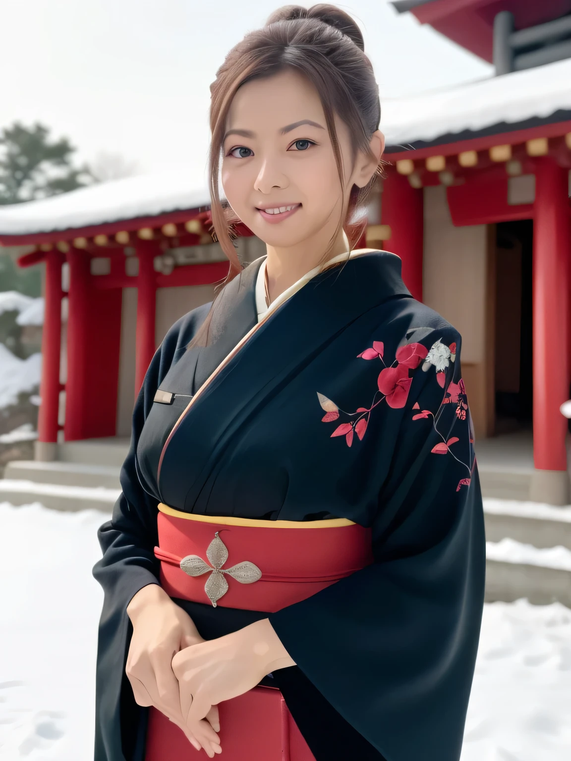 A breathtakingly beautiful 20-year-old woman with a slender physique, dressed in an elegant black and red kimono suitable for the Japanese New Year. She stands against the serene backdrop of a New Year's sunrise, featuring a traditional Japanese shrine, snow-covered grounds, and vibrant red camellias in bloom. Her gentle smile and friendly expression harmonize with the peaceful atmosphere of the snowy morning. (RAW photo, top quality, realistic, photo-realistic:1.4), (masterpiece, extremely detailed, 2k wallpaper), (Ultra Details, high res, soft light, cinematic lighting), (perfect anatomy, slender body), (extremely detailed eyes and face, beautiful nose, beautiful eyes). 