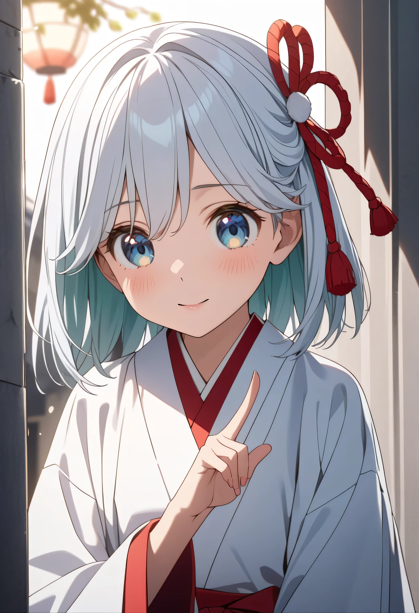 ((ultra-detailed)),   (highly detailed CG illustration),  (best quality:1.2),  ultra-highly detailed,  colorful composition, artistic photoshoot, score_9, score_8_up, 1girl, solo focus, amagamiasahi, blue eyes, white hair, red ribbon, hair ribbon, medium hair,
japanese clothes, miko, hakama skirt, red hakama, white kimono, wide sleeves,
surprised, embarrassed, ((upper body out from the shadow of the pillar and watching:1.2)), portrait, depth of field, soft lighting, sidelighting, (shine), lighting, caustics, ray tracing, bashful, perfect face, lustrous skin, highly  detailed face, highly detailed eyes, perfect face, perfect nose, perfect hair, perfect eyes, perfect anatomy, beautiful hair, beautiful small face, extremely detailed face, beautiful detailed eyes, beautiful clavicle, beautiful body, beautiful small breasts, beautiful thin thighs,  beautiful legs, beautiful fingers, 4 fingers, 1 thumb, lovely, (very detailed background:1.0), (highly detailed background:1.0), winter aesthetic, intricate details, excited atmosphere, winter colors palette, chromatic aberration