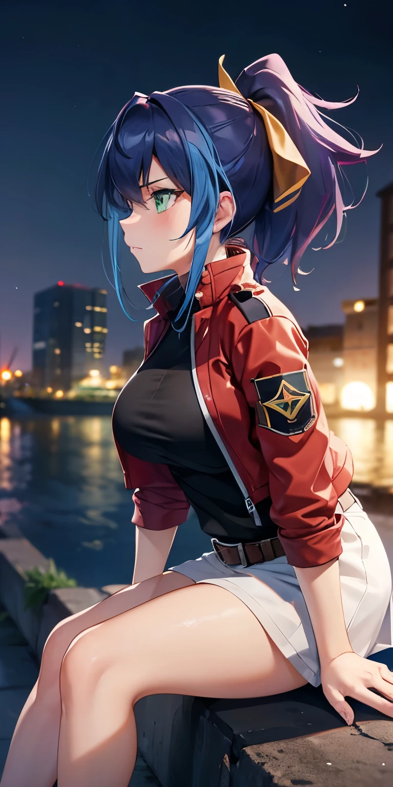 1 Female,High definition,high resolution,Ultra-realistic,8K, aaserena, yellow ponytail, ((multicolored hair)), red jacket, black shirt, belt, ((white skirt)), tight skirt,miniskirt ,jewelry,European,sexy,Upper body close-up,Photographed from the front,Dynamic Angles,blush, medium tits, happy, wink the eye,facial, sweat,multicolored hair ,(wide thighs:1.4),(black panties),(show panties),(from behind),(huge ass),(show ass),(blush), detailed face,((nipples))
