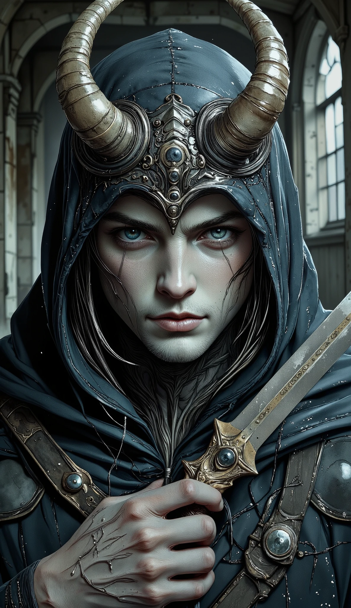 A close up of a person with a horned head and a sword., al estilo del dark fantasy art, dark fantasy art, Dark Cloak Necromancer, Hermoso dios de la muerte masculino, dark priest , Dark Hooded Spectre, hidden cyberpunk, Dark art style,  highly detailed dark art ,  dark fantasy illustration ,  Bloodborne art , chiaroscuro, Cinematic Lighting, dithering, UHD, Retina, masterpiece, Accurate, anatomically correct, textured skin, Super detail, high details, high quality,  award winning , best quality, highres, 1080P, HD, 16K