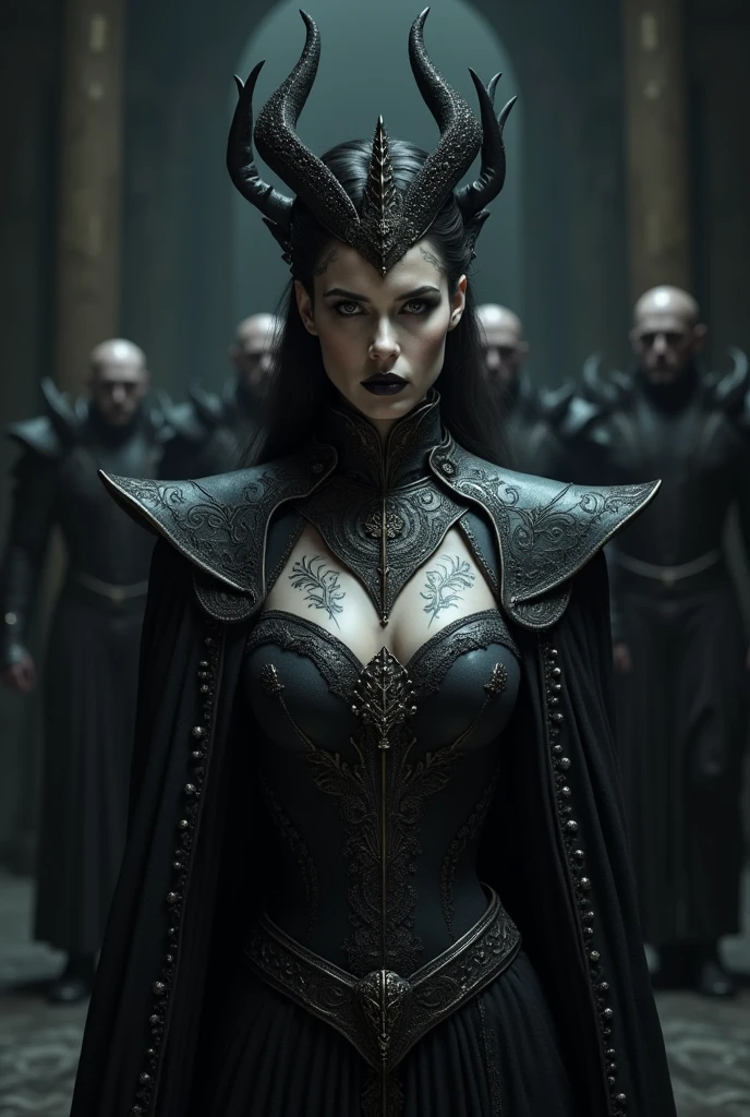a woman in a black dress and a silver mask stands in a dark room, cyberpunk robotic elvish queen, cg art, from the tusk movie, dream sequence. the apprentice, vril, inspired by Kathleen Allen, alduin, intriguing helmet, big googles over her head, morgana --auto --s2