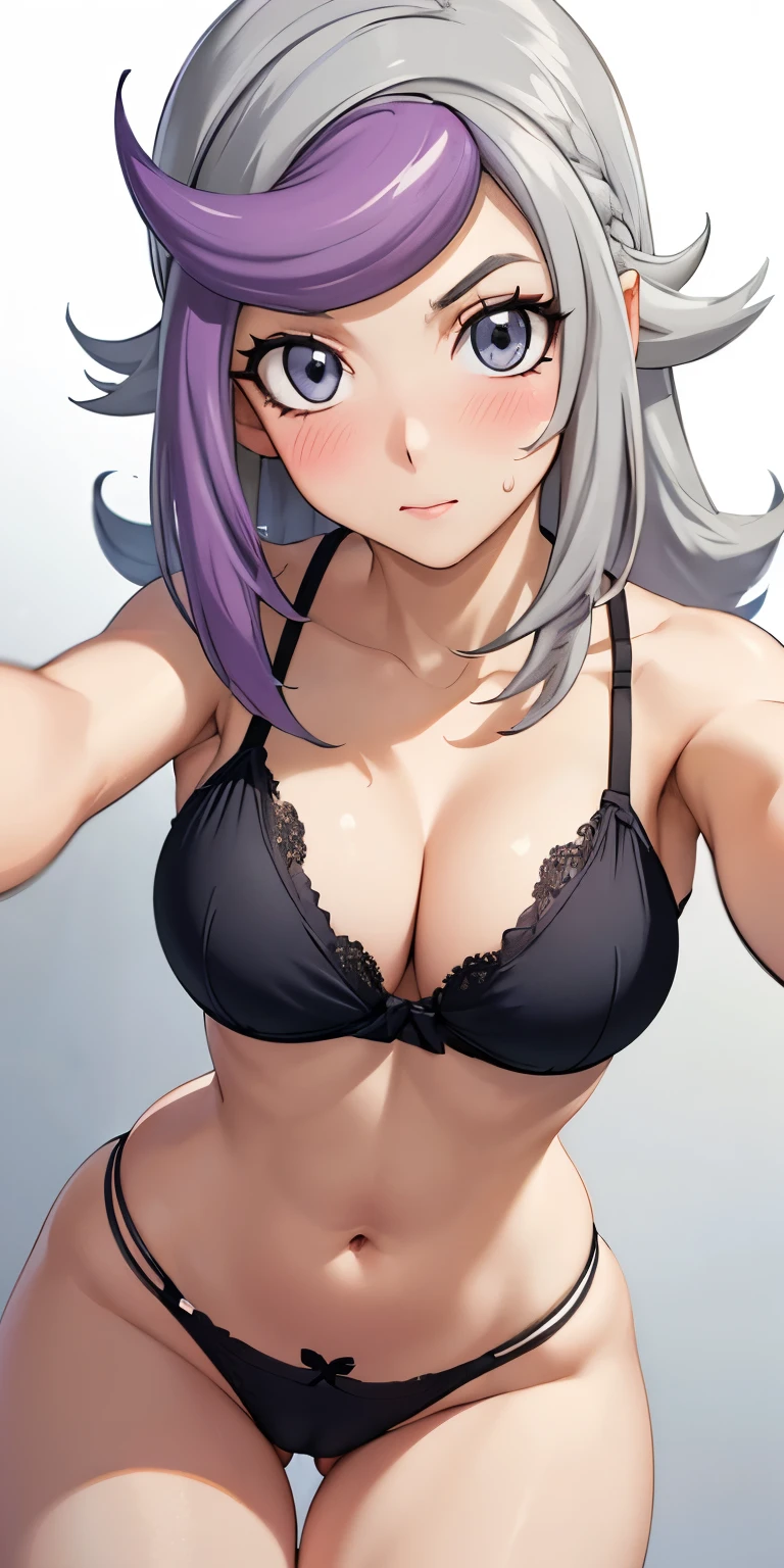 1 Female,High definition,high resolution,Ultra-realistic,8K,1girl, (ghost_girl:1.2), (grey hair:1.2),(purple hair:1.2), grey eyes, low-tied long hair,black bra,black thong,European,sexy,Upper body close-up,Photographed from the front,Dynamic Angles,blush, big tits,cute face, facial, sweat, perfect face,  perfect body,(wide thighs:1.3),cute face, selfie,cameltoe,(pussy)