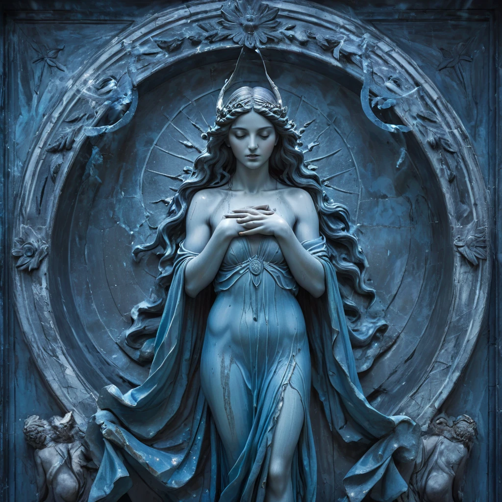 cold bluish statue of a Greek pagan goddess with her hands breaking and arms cracking,  perfect traits,  Beautiful young face , Face similar to the actress Emma Myers, straight and slightly wavy hair ,  closed eyes , sleeping,  Small and beautiful breasts ,  realistic image , professional photography,  Better quality,  style,  perfect saturation , perfect lighting, perfect contrast , High Sharpness,  High resolution,  masterpiece 