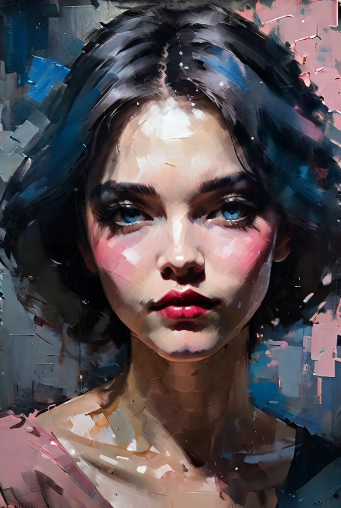 Create a contemporary portrait of a woman in the
expressive and painterly style of Malcolm Liepke,
utilizing a palette of light pink, muted blue, dark
grayish blue, bright blue, very dark gray, and
light grayish blue.The portrait should feature a
close-up of the subject's face with strong,
dynamic
brushstrokes and a focus on capturing
the depth and texture characteristic of
Liepke's work. Use light pink and bright
blue for the highlights and vibrant
areas,while employing muted blue, dark
grayish blue, very dark gray, and light
grayish blue to create shadows and
depth. Ensure the background
complements
the portrait with subtle variations of the
same color 
palette, evoking a sense of modern
elegance and
emotional intensity