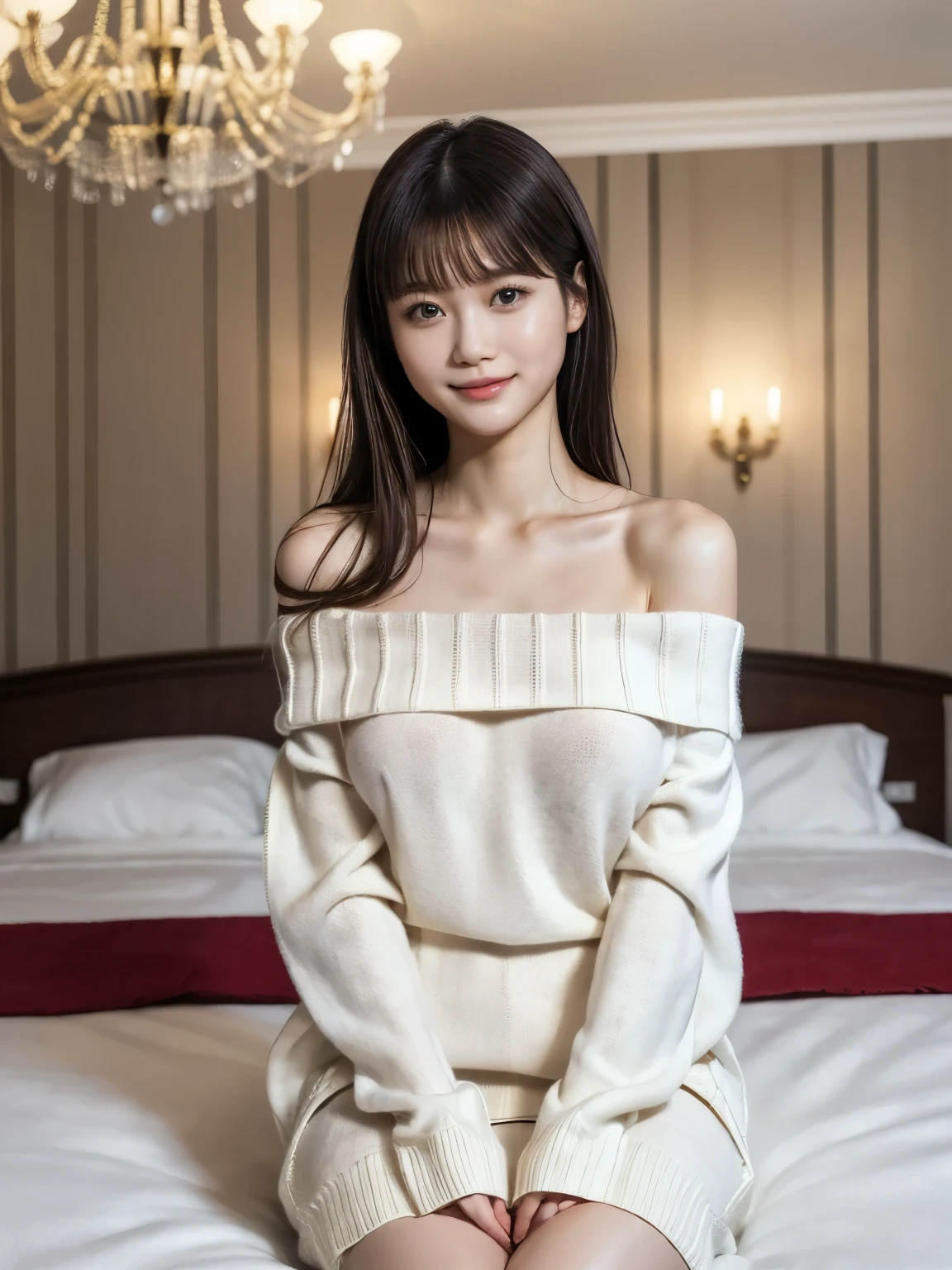 ((1girl, skinny body)), (Japanese girl, in luxury hotel, sitting on large bed), ((white hand knitted sweater dress, off-shoulder sweater)), black hair, smile, gorgeous interior, chandelier, Realistic, (real picture, Intricate details)
