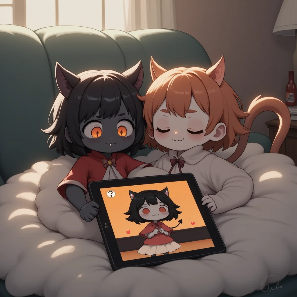 Two cute cats are snuggled up on a fluffy sofa and looking at a tablet screen, There's a chibi devil evil smiling on the tablet screen, the soft, gentle light of indirect lighting, illustration art, ultra detailed, absolutely resolution, masterpiece