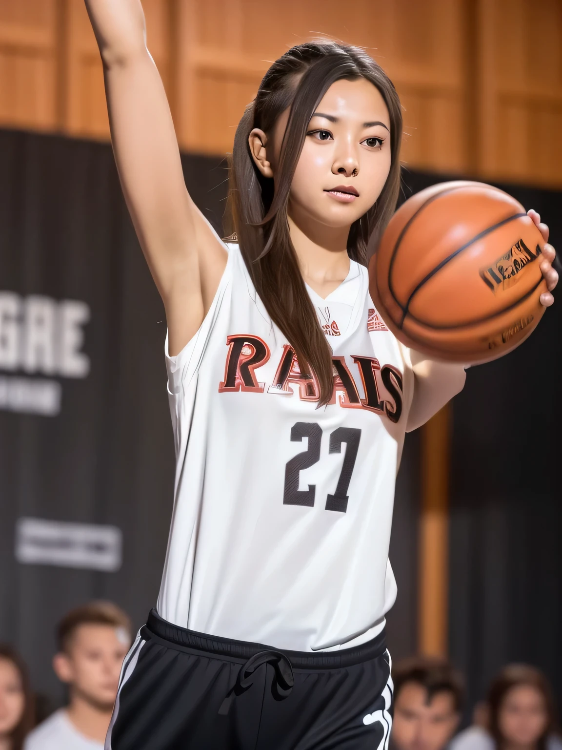 A young female basketball player executing a dynamic jump shot with precision and grace. The basketball is held firmly in both hands as she aims for the hoop, her form exuding confidence and mastery. Her slim-fit basketball uniform highlights her athletic build, while black high socks and matching sneakers provide a sleek and modern look. Her neatly braided black hair arcs through the air as she leaps, with her intense black eyes fixed firmly on the goal. The polished wooden floor of the brightly lit gymnasium reflects the action, emphasizing the energy, elegance, and competitive spirit of the moment. smiles gently, FRIENDLY. ( RAW photos , top quality ), ( realistic , photo- realistic :1.4), masterpiece, extremely delicate and beautiful, extremely detailed, 2k wallpaper, amazing on the beach, Detailed description, extremely detailed CG unity 8k wallpaper, ULTRA DETAIL, high res, Soft light, beautiful detailed girl looking back, extremely detailed eyes and face, beautiful detailed nose, beautiful detailed eyes, cinematic lighting, Perfect Anatomy, slender body.