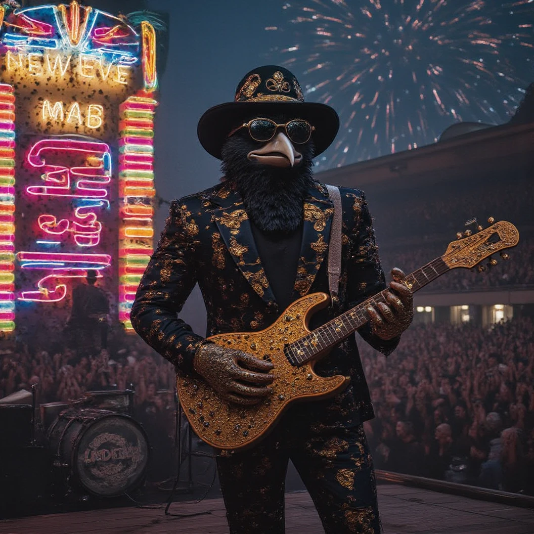 Muscular Anthropomorphic raven donned in intricate black suit with gold trim made of diamonds and a black diamond fedora. Diamonds cover his beak. Dynamically singing and guitar playing. Wears large sunglasses. Obsidian, the lead singer and guitarist of the "Obsidian Flow Project", printed on the bass drum. Dynamically sings to a retro style microphone while dynamically playing his guitar. Spotlight on him. Light show. Big Band Style. Behind the open air stage, a neon sign says "Live from Club Pearl". Fireworks burst. New Years Eve stadium concert, with a huge realistic crowd cheering at him. Facing the crowd. The phrase "Happy New Year, MAB!!!" flashes on the stadium jumbotron. Dynamic blues band scene, dynamic pose, High Resolution, Masterpiece, Cinematic, Character Design, Hyperdetailed, Cinematography,  cinematic lighting, Depth Of Field, Sparkle, Ray Tracing, Image Fill, Realistic posing