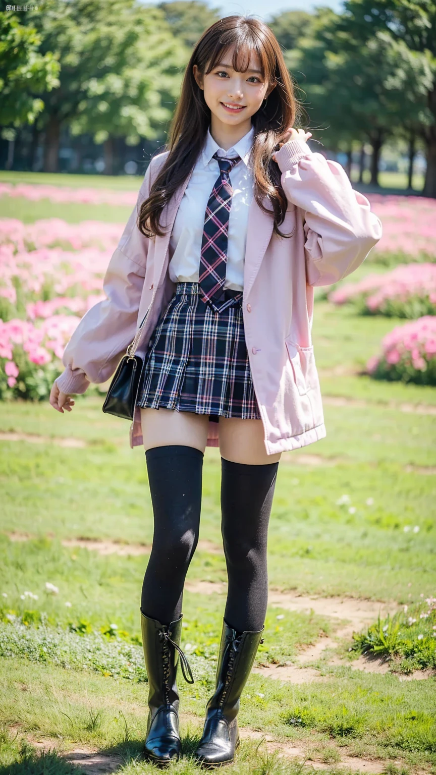 (8k、     RAW photos   、   top quality、masterpiece   :1.2)、(   realistic  、   realistic  )、1 person、((bangs、 ties、、tights、 boots、 Pink Jacket 、 Long Sleeve 、smile、whole body、 Black Plaid Mini Skirt、 shows shoulders、Flower Field、Narrow waist、 curled hair 、  standing facing you   )、 cute