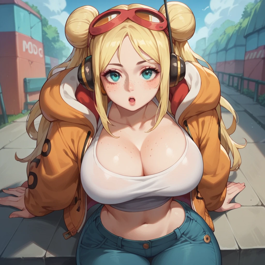 score_9, score_8_up, score_7_up, score_6_up, score_5_up, score_4_up, 1girl, blonde hair, long hair, double bun, headphones, aqua eyes, freckles, large breasts, narrow waist, wide hips, looking at viewer, high quality, masterpiece,  blojob,