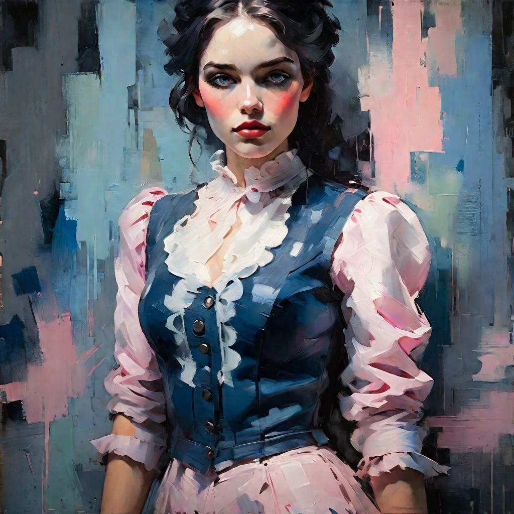 Create a contemporary portrait of a woman in the
expressive and painterly style of Malcolm Liepke,
utilizing a palette of light pink, muted blue, dark
grayish blue, bright blue, very dark gray, and
light grayish blue.The portrait should feature a
close-up of the subject's face with strong,
dynamic
brushstrokes and a focus on capturing
the depth and texture characteristic of
Liepke's work. Use light pink and bright
blue for the highlights and vibrant
areas,while employing muted blue, dark
grayish blue, very dark gray, and light
grayish blue to create shadows and
depth. Ensure the background
complements
the portrait with subtle variations of the
same color 
palette, evoking a sense of modern
elegance and
emotional intensity