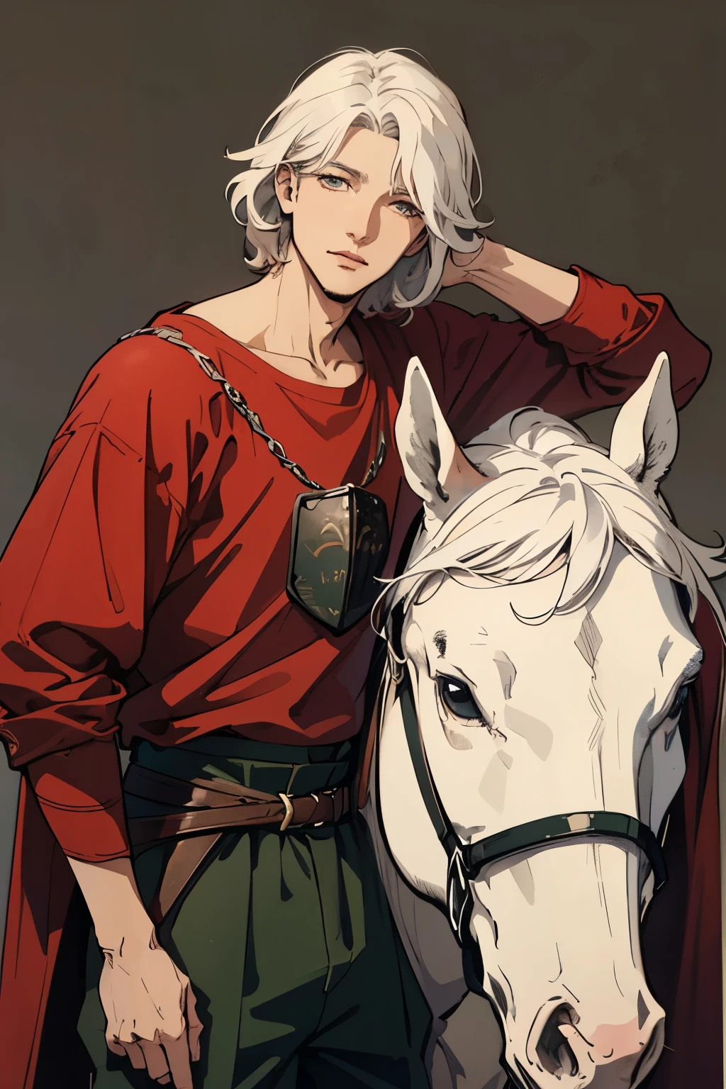( excellent quality), (high resolution), (absurd play) ((man)), (eyes), It's half past ten,  white hair,  disheveled hair , ((paladin)), ((shirt, pants)), character looking at the camera,  detailed face, ((medieval)), ((bang)), (((simple clothes))), portrait,  small eyes, traveled warrior