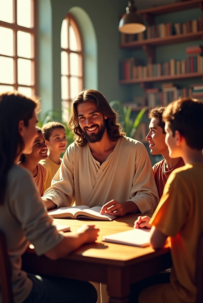 This image should be in the Disney Pixar style where Jesus is holding a Christian bible, with a round, cute face and looking at the children as if he were a teacher, with several young children around smiling in a science lab. Behind them there is a blackboard and some chemical symbols This image should be 1080x1920 in size