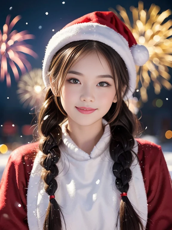 Happy New Year ! Beauty Will Save the World  ! 4k ultra hd,  masterpiece fails,  Snow Maiden and Santa Claus boy with Santa's red hat on their heads,  beautiful faces , medium white snow-covered hair woven in a braid,  detailed eyes, shiny lips, New Year's sparkling costume , aura around the body,  magic effects, against the backdrop of a sparkling Christmas tree, festive joyful atmosphere , bright fireworks lights ,  festive New Year fireworks and beautiful Christmas tree decorations,  perfect body,