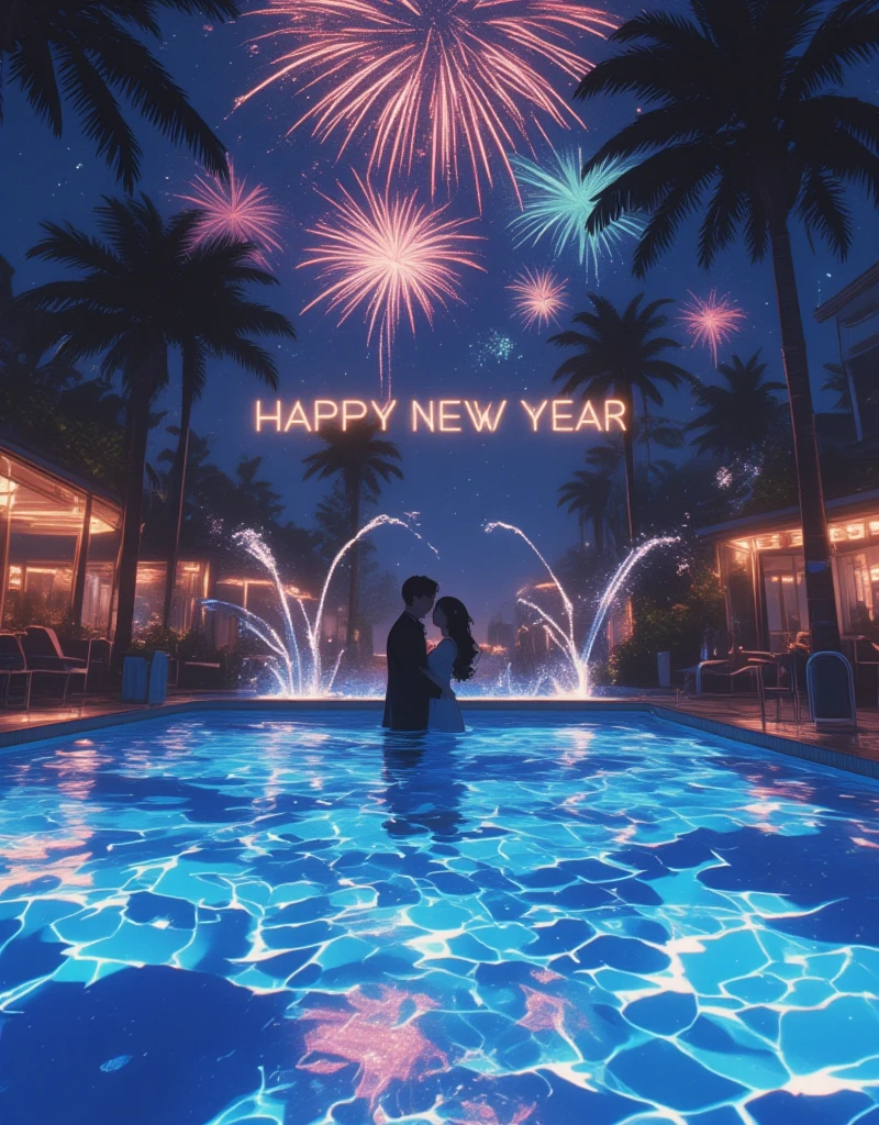 "Happy New Year" will be displayed on the screen as a header.

New Year's night pool, fireworks of celebration, Late Night, Glowing night pool, The darkness and lights create a stylish atmosphere, An extraordinary resort-like vibes,

Do you remember when we snuck into the swimming pool in the middle of the night, too early to call ourselves lovers?

Dive, The splashes of water sparkle,
It shines as if bathed in moonlight.

The party for just the two of us continues.
It's a miracle!

The fireworks of celebration light up the darkness. 
Dive The splashes of water sparkle.
It shines as if bathed in  moonlight. GLSHS , xijie_blue