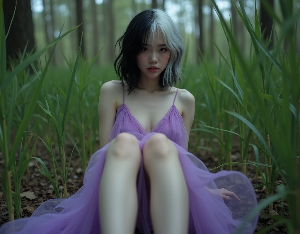 young girl, kim chaewon as a sexy young girl, full body view, fullbody, full body, kim chaewon is a girl, 1girl, forest background, kim chaewon, girl, small breast, figure, long blue hair, violet purple eyes, face front, tight pirate clothes, revealing clothes, clothes reveal nudity, emotional face, make up, masterpiece, best quality,