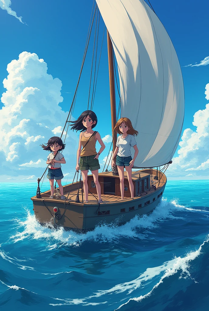 (Highest Quality, Masterpiece: 1.2), Multiple Girls, Watercraft, Sea, Blonde, Short Hair, Brown Hair, Long Hair, (Sailing: 1.2), Smile, Looking Away, (Life Jacket: 1.5), Blue Sky, Blue Water, Poor Breasts, children, young, short limbs, white sails, windy, day, summer vacation, yacht, deck, rope, handle, (white bikini: 1.5),
laughing, cheerful, fun,
baby face,