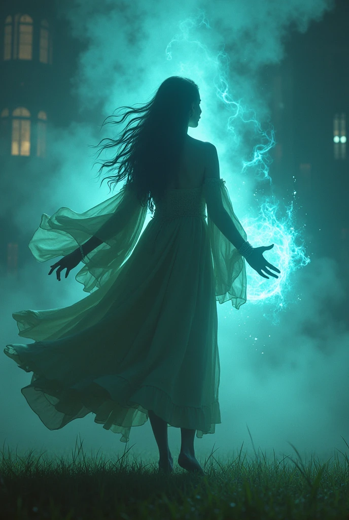 Wallpaper of a very beautiful witch with very pretty eyes, standing in forest facing towards camera with short open hair and open arms getting power from the sky. Very dense and heavy smoke and lighting strikes in the background. Ultra high definition, very detailed, elegant, fantasy.
