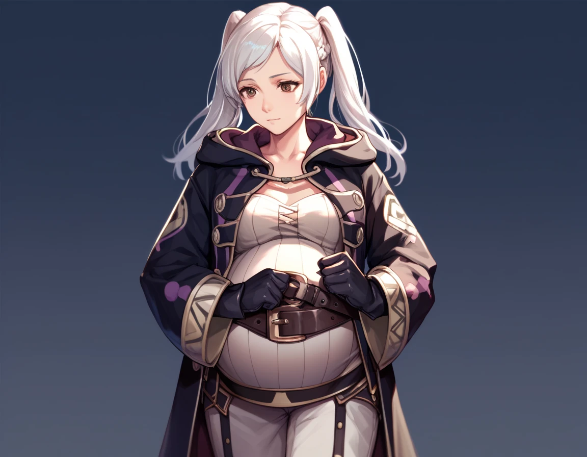 femrobindef, white hair, twintails, brown eyes, hooded robe, open robe, long sleeves, belt, black gloves, pants,pregnant