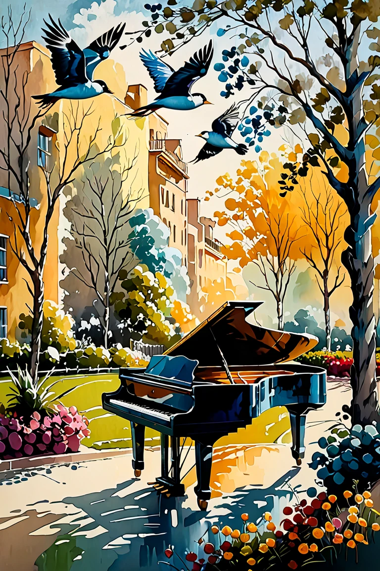 Un piano en un park y gaviotas volando, a thick textured oil painting, imposed brush strokes, dry brush, revealing under layers, soft lighting, soft earth tones, bright face colors, masterpiece, create an oil painting. using thick, expressive brush strokes and a soft color palette.  a thick textured oil painting, imposto brush strokes, dry brush, revealing lower layers,Muy detallado, Modelo HD, 