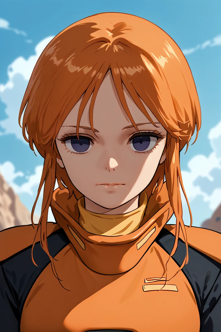 1girl,solo,lppl2,smile,upper_body,orange_hair,pilot_suit,best_quality,anime_screencap,standing, (((expressionless,empty eyes)))