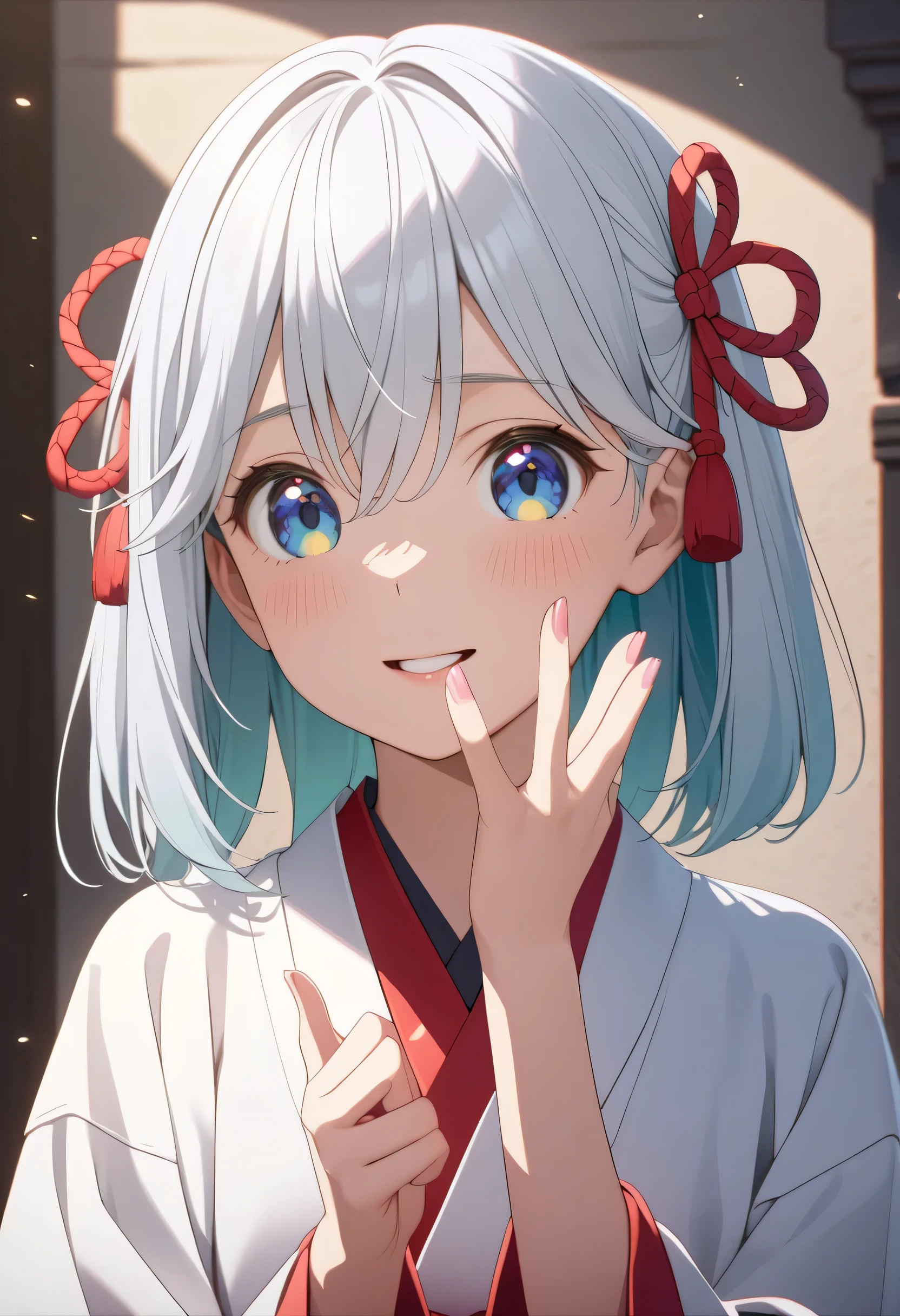 ((ultra-detailed)),   (highly detailed CG illustration),  (best quality:1.2),  ultra-highly detailed,  colorful composition, artistic photoshoot, score_9, score_8_up, 1girl, solo focus, amagamiasahi, blue eyes, white hair, red ribbon, hair ribbon, medium hair,
japanese clothes, miko, hakama skirt, red hakama, white kimono, wide sleeves,
((surprised)), ((embarrassed)), ((upper body out from the shadow of the pillar and looking at camera)), portrait, depth of field, soft lighting, sidelighting, (shine), lighting, caustics, ray tracing, (bashful), perfect face, lustrous skin, highly detailed face, highly detailed eyes, perfect face, perfect nose, perfect hair, perfect eyes, perfect anatomy, beautiful hair, beautiful small face, extremely detailed face, beautiful detailed eyes, beautiful clavicle, beautiful body, beautiful small breasts, beautiful thin thighs,  beautiful legs, beautiful fingers, 4 fingers, 1 thumb, lovely, (very detailed background:1.0), (highly detailed background:1.0), winter aesthetic, intricate details, excited atmosphere, winter colors palette, chromatic aberration