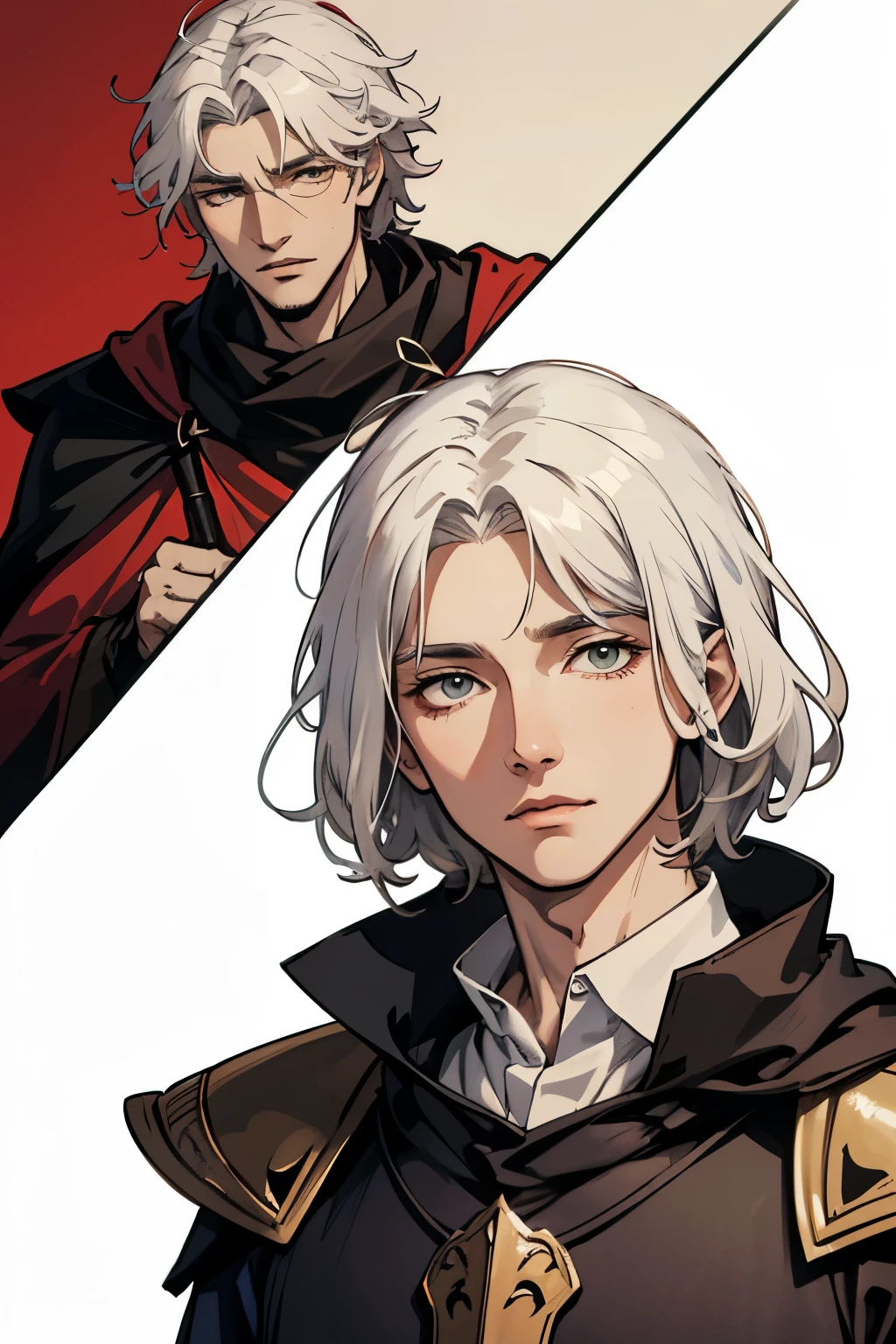 ( excellent quality), (high resolution), (absurd play) ((man)), (eyes), It's half past ten, white hair, disheveled hair , ((paladin)), ((shirt, pants)), character looking at the camera, detailed face, ((medieval)), ((bang)), (((simple clothes))), portrait, small eyes, traveled warrior