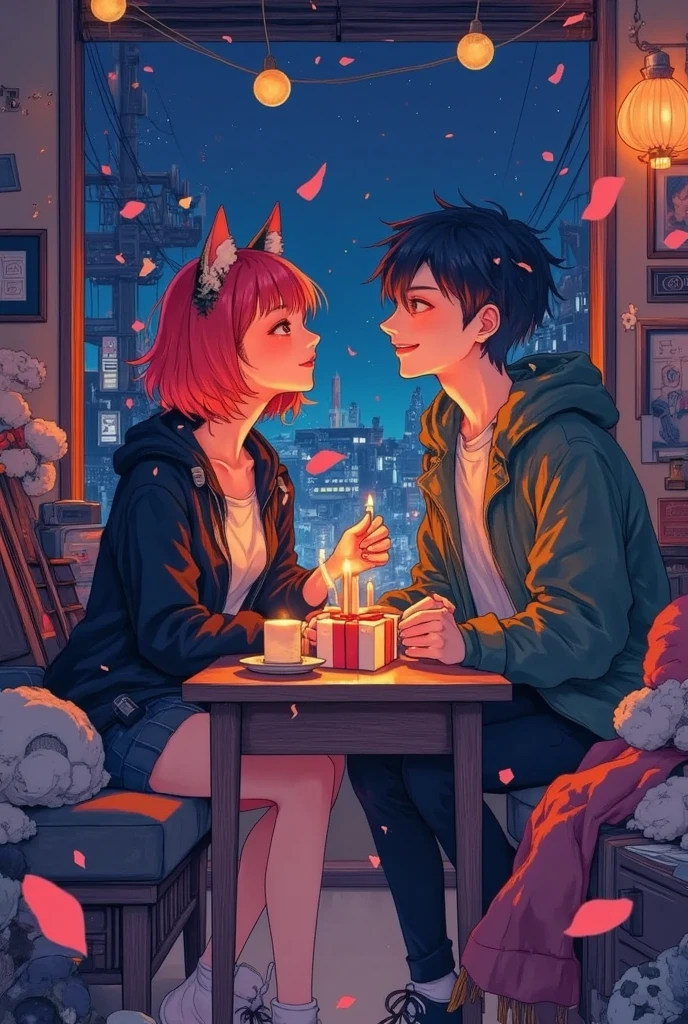 (masterpiece, top quality :1.2),winter,snowy dark sky night,(beautiful hands),very small new year party of one couple,a cute cat-eared girl/(red-brown hair,casual room wear),a Normal human boy/(Normal human,normal ear,black hair,casual room wear),they are smile and talking ,there is a small present box and small candles on the table,focus on the table,Dim lighting,Hand-drawn illustration, Intense colors, stylish anime,peaceful happy moment,safe for work