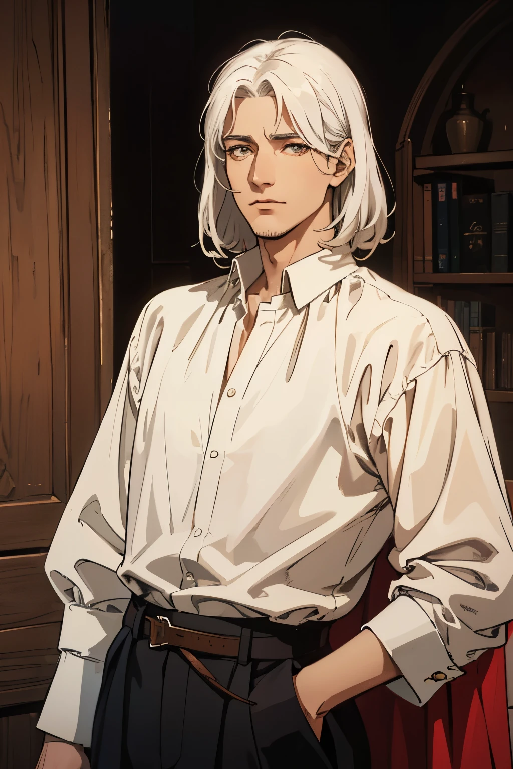 ( excellent quality), (high resolution), (absurd play) ((man)), (eyes), It's half past ten, white hair, 35 years, mature, disheveled hair , ((paladin)), ((shirt, pants)), character looking at the camera, detailed face, ((medieval)), ((bang)), (((simple clothes))), portrait, small eyes, traveled warrior