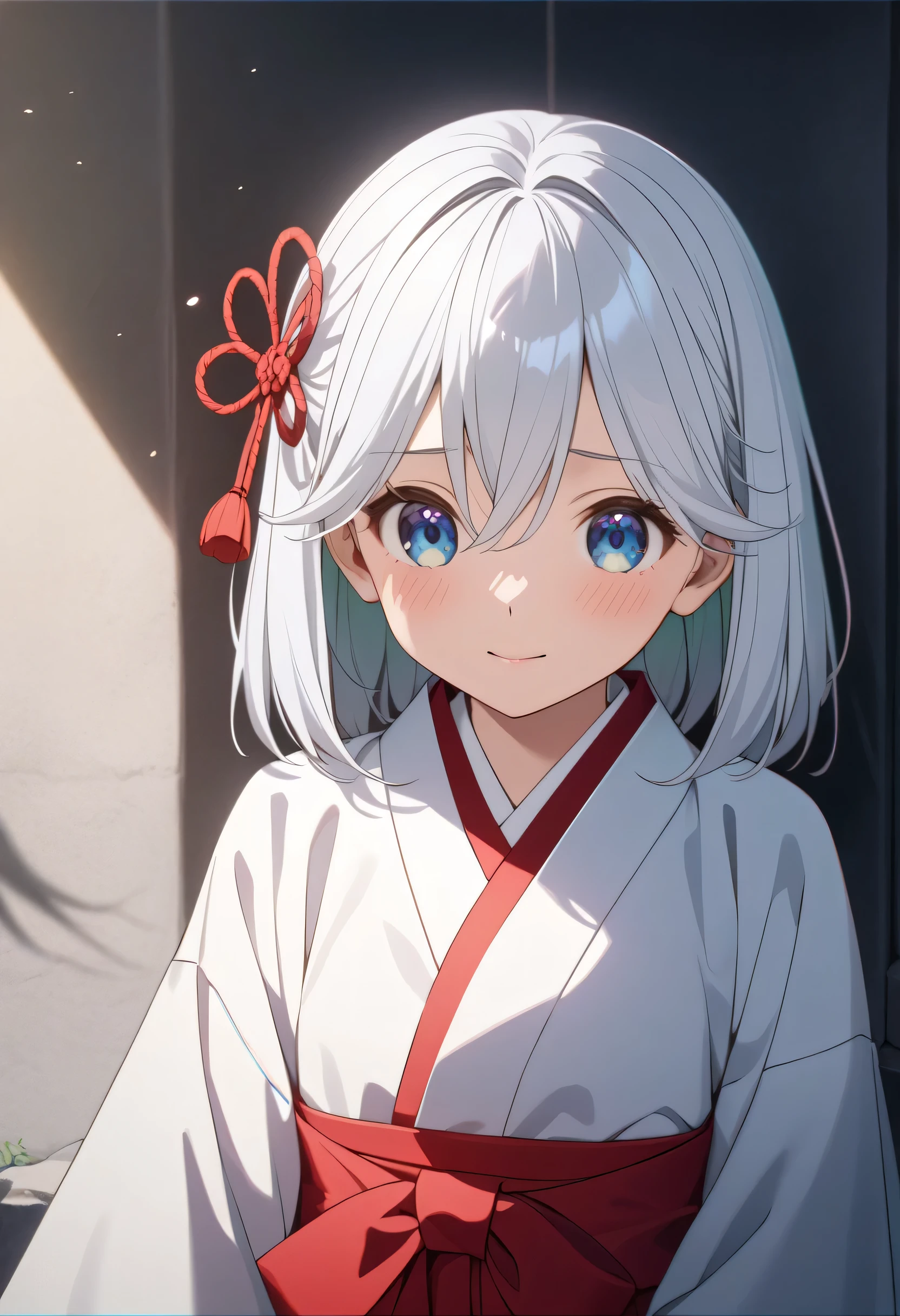 ((ultra-detailed)),   (highly detailed CG illustration),  (best quality:1.2),  ultra-highly detailed,  colorful composition, artistic photoshoot, score_9, score_8_up, 1girl, solo focus, amagamiasahi, blue eyes, white hair, red ribbon, hair ribbon, medium hair,
japanese clothes, miko, hakama skirt, red hakama, white kimono, wide sleeves,
((surprised)), ((embarrassed)), ((upper body out from the shadow of the pillar and looking at camera)), portrait, depth of field, soft lighting, sidelighting, (shine), lighting, caustics, ray tracing, (bashful), perfect face, lustrous skin, highly detailed face, highly detailed eyes, perfect face, perfect nose, perfect hair, perfect eyes, perfect anatomy, beautiful hair, beautiful small face, extremely detailed face, beautiful detailed eyes, beautiful clavicle, beautiful body, beautiful small breasts, beautiful thin thighs,  beautiful legs, beautiful fingers, 4 fingers, 1 thumb, lovely, (very detailed background:1.0), (highly detailed background:1.0), winter aesthetic, intricate details, excited atmosphere, winter colors palette, chromatic aberration