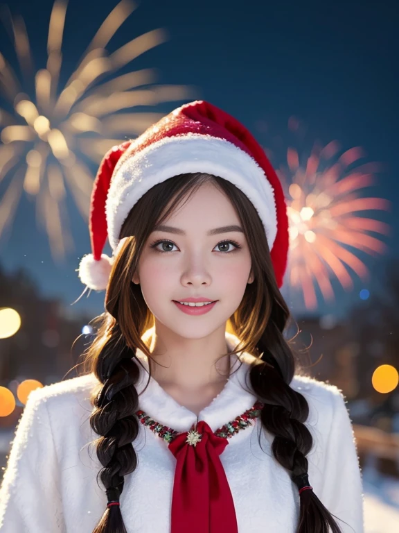 Happy New Year ! Beauty Will Save the World  ! 4k ultra hd,  masterpiece fails,  Snow Maiden and Santa Claus boy with Santa's red hat on their heads,  beautiful faces , medium white snow-covered hair woven in a braid,  detailed eyes, shiny lips, New Year's sparkling costume , aura around the body,  magic effects, against the backdrop of a sparkling Christmas tree, festive joyful atmosphere , bright fireworks lights ,  festive New Year fireworks and beautiful Christmas tree decorations,  perfect body,