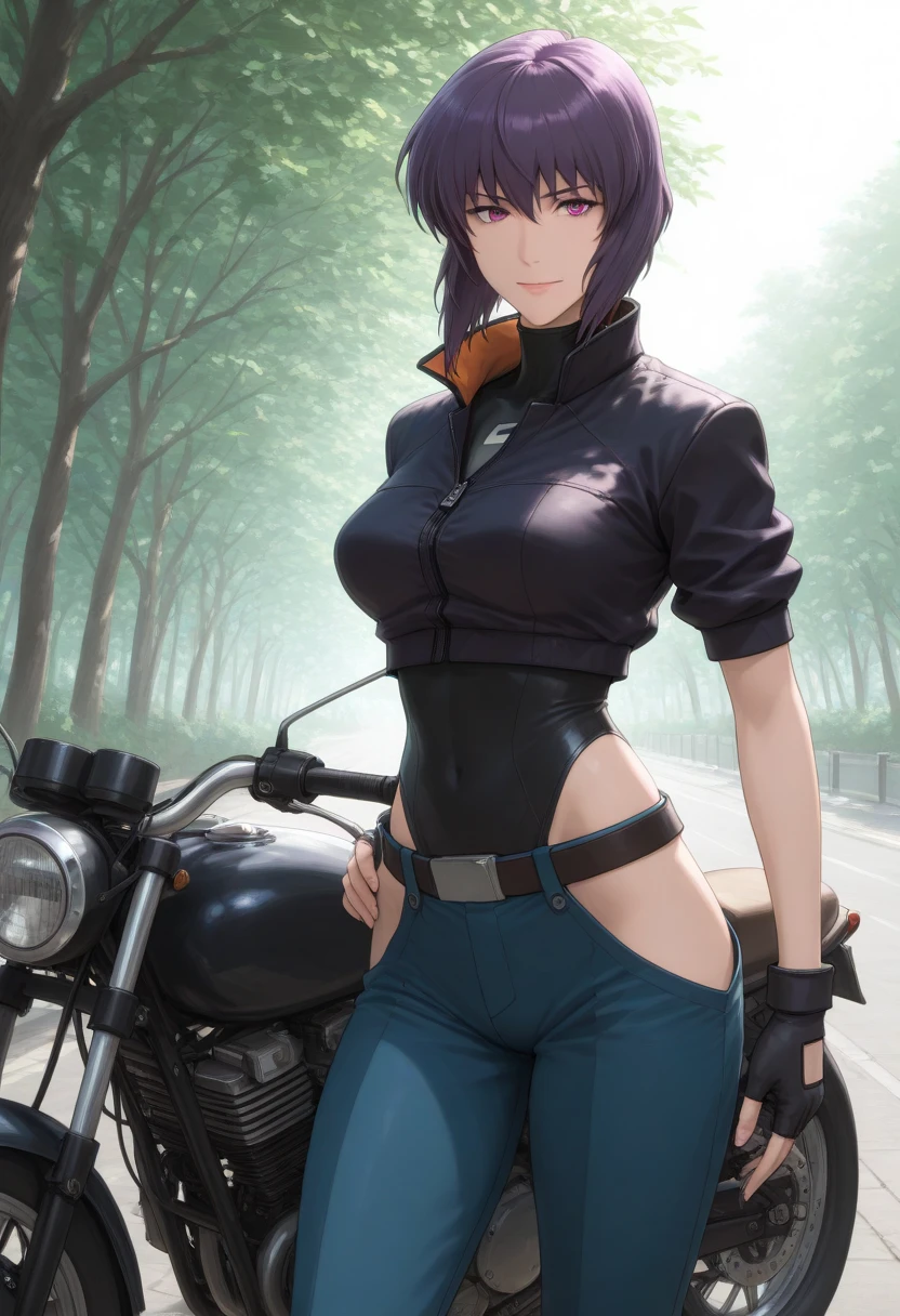 (masterpiece:1.2), (best quality:1.2), newest, (intricate details, very aesthetic, highres), good hands, 1girl, motoko2045xl, purple hair, short hair, lips, cyborg, pink eyes, medium breasts, cropped jacket, black jacket, collared jacket, short sleeves, fingerless gloves, black gloves, black leotard, highleg leotard, hip vent, blue pants, belt, kusanagi motoko, street, tree, day, motorcycle, hand on hip, light smile