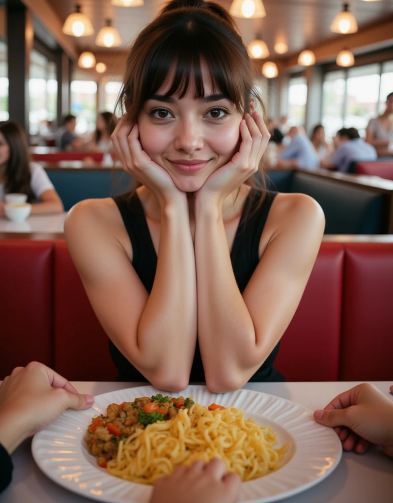 dslr photo, photograph, nikon, solo, 1girl, POV shot of a pretty young mexican woman, the viewer is on a date with a four-armed mexican woman in a diner, (beautiful mexican woman), the four-armed pretty woman sitting across the table from the viewer and she is holding her cheeks with her upper hands and her lower hands are out on the table holding the viewer's hands, her top is sleeveless and has room for her four shoulders and her long hair is tied into a ponytail, bangs, (wide shoulders), (woman with four arms), (four arms), (four shoulders),