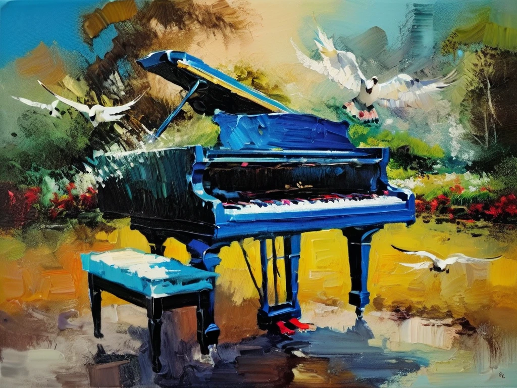 Un piano en un park y gaviotas volando, a thick textured oil painting, abstract. imposed brush strokes, dry brush, revealing under layers, soft lighting, soft earth tones, bright face colors, masterpiece, create an oil painting. using thick, expressive brush strokes and a soft color palette.  a thick textured oil painting, imposto brush strokes, dry brush, revealing lower layers,Muy detallado, Modelo HD, 