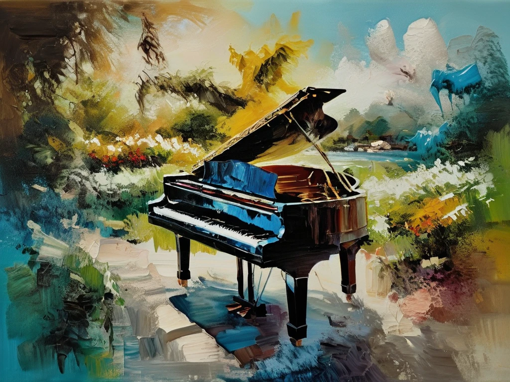 Un piano en un park y gaviotas volando, a thick textured oil painting, abstract. imposed brush strokes, dry brush, revealing under layers, soft lighting, soft earth tones, bright face colors, masterpiece, create an oil painting. using thick, expressive brush strokes and a soft color palette.  a thick textured oil painting, imposto brush strokes, dry brush, revealing lower layers,Muy detallado, Modelo HD, 