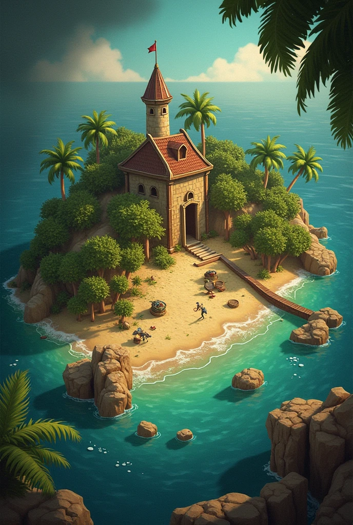 5. "Treasure Hunters"
General Concept:
theme: Two treasure hunters compete to find and claim hidden treasures on a mysterious island.. Every player needs to explore, decipher clues, and decide when to deceive an opponent about the value or location of a treasure.
Game Mechanics:
Hidden Map: The island is divided into several zones, each containing possible treasures. Players have clue cards that reveal the approximate location of treasures., but they can also use fake cards to mislead the opponent.

Token System: As chips representam o valor dos tesouros. Os jogadores ganham chips ao encontrar e proteger um tesouro, mas também podem perder chips se forem enganados e se aventurarem em uma zona sem valor.

Bluff and Disinformation: Durante o jogo, Players can pretend they have found a great treasure or are heading towards a valuable area, trying to lure the opponent into a trap. They can also play bluff cards to confuse the opponent about the real clues..

Elementos de sort e Habilidade:
sort: Discovering treasures depends on the clues found and the areas explored..

Skill and Bluff: The skill is in how players interpret the clues, when they decide to bluff, and how they react to their opponent's bluff. It is possible to trick the opponent into spending resources (chips) in a futile search, gaining strategic advantage.

Create an image that explains and exemplifies the game above