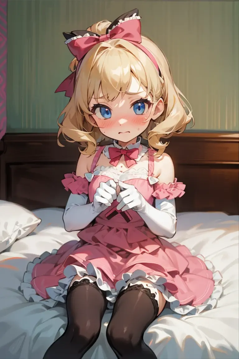 masterpiece, girl, , petitcute, embarrassed, (bow on top of head:1), blue eyes, curled blonde hair, frilly laced (pink:1.1) babydollss, layered skirt, above elbow gloves, stockings, sitting on a bed